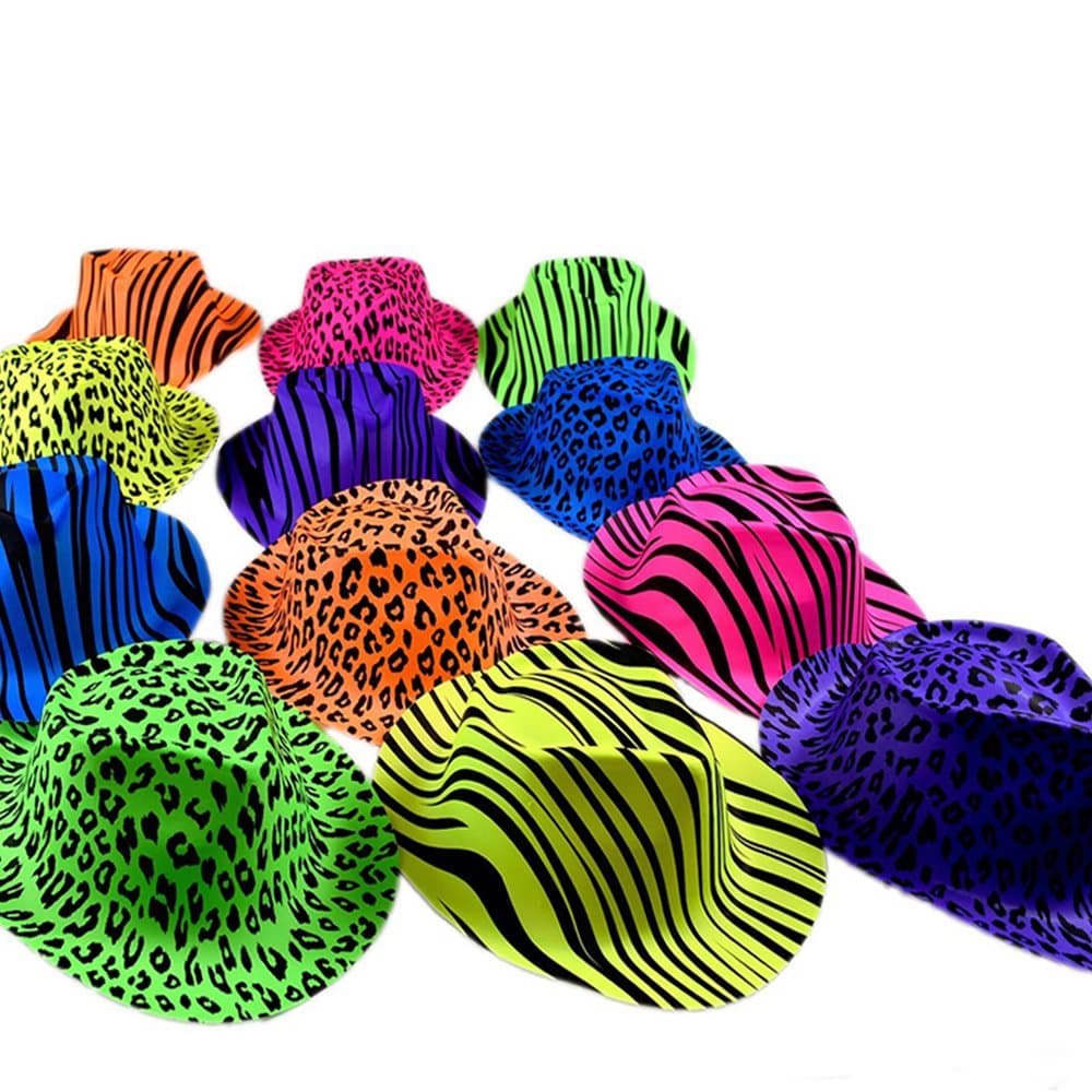 NOVELTY PLACE [Party Stars Neon Color Animal Print Plastic Party Hats for Kids Teens and Adult