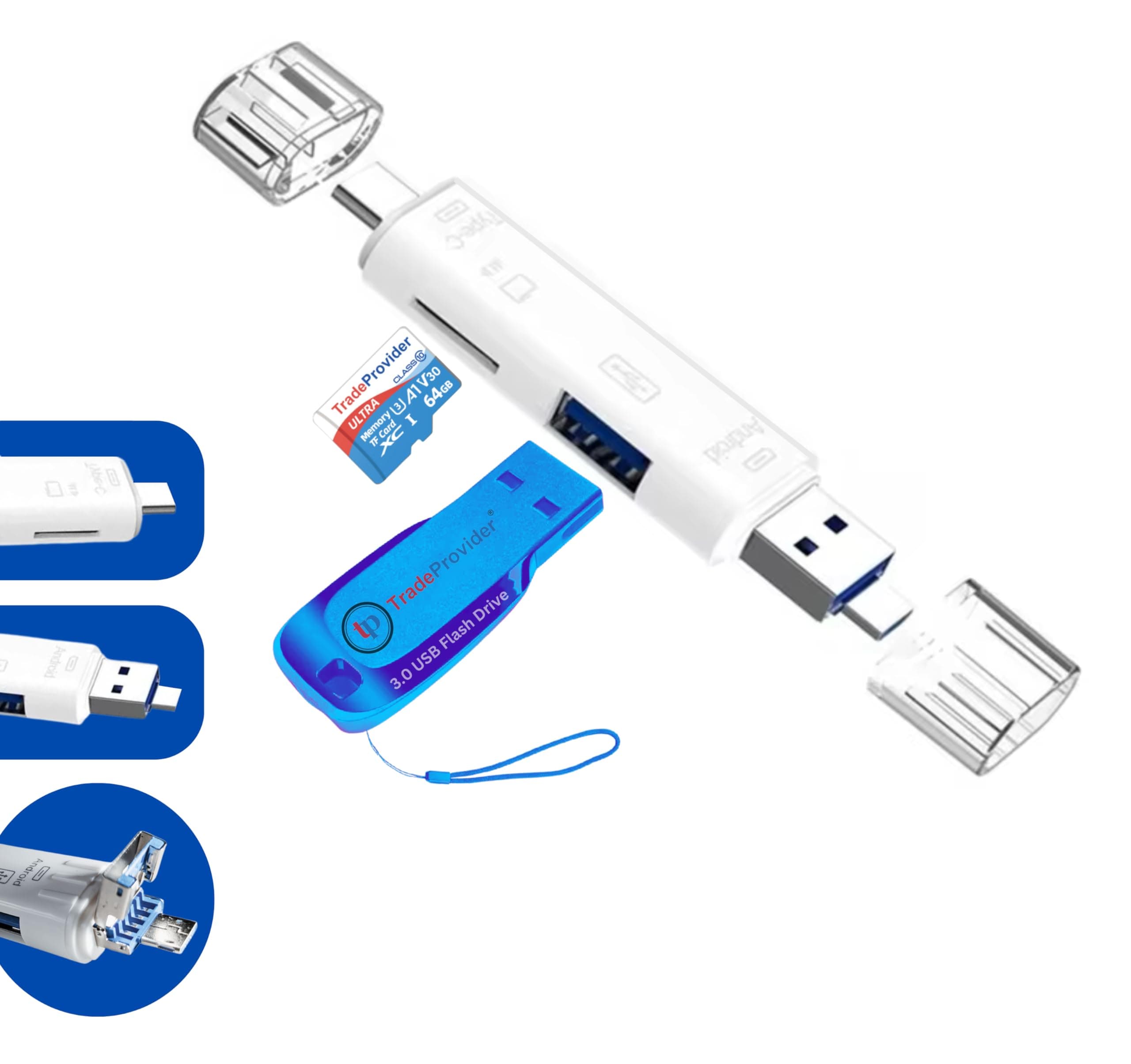 Memory Card Reader, TradeProvider 5-in-1 USB Type C Micro SD Card Reader Dual Slot OTG Card Adapter TF SDXC SDHC Memory Cards Android U Disk Expander High Capacity (White, 5-in-1 USB Card Reader)