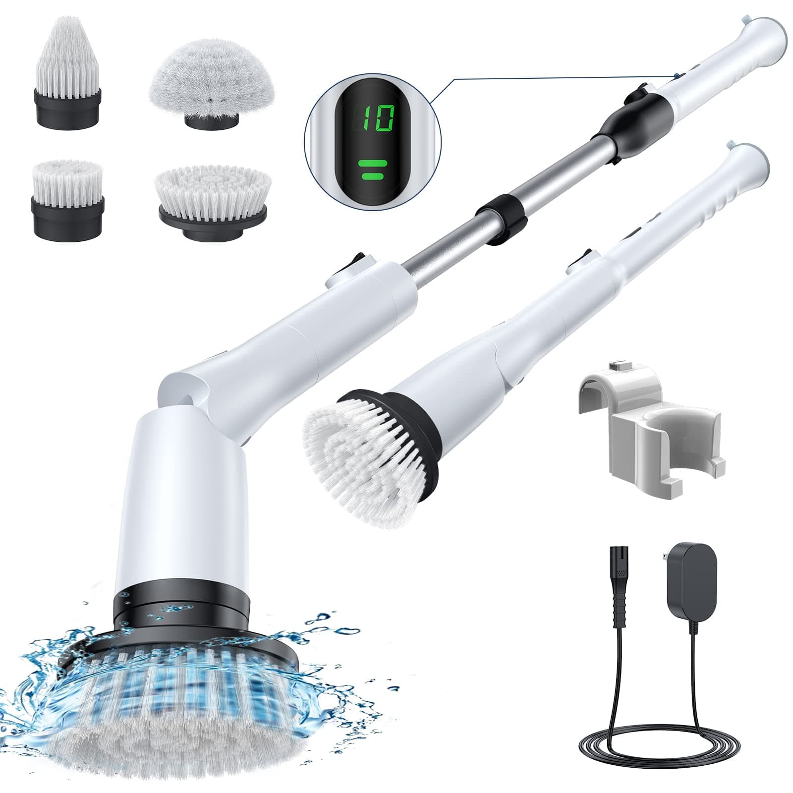 LABIGO Electric Spin Scrubber LA2 Pro, Shower Cleaning Brush with Display and 4 Replaceable Brush Heads,2 Adjustable speeds, 3 Adjustable Extension Handle, Power Cleaning Brush for Bathroom Tile Black