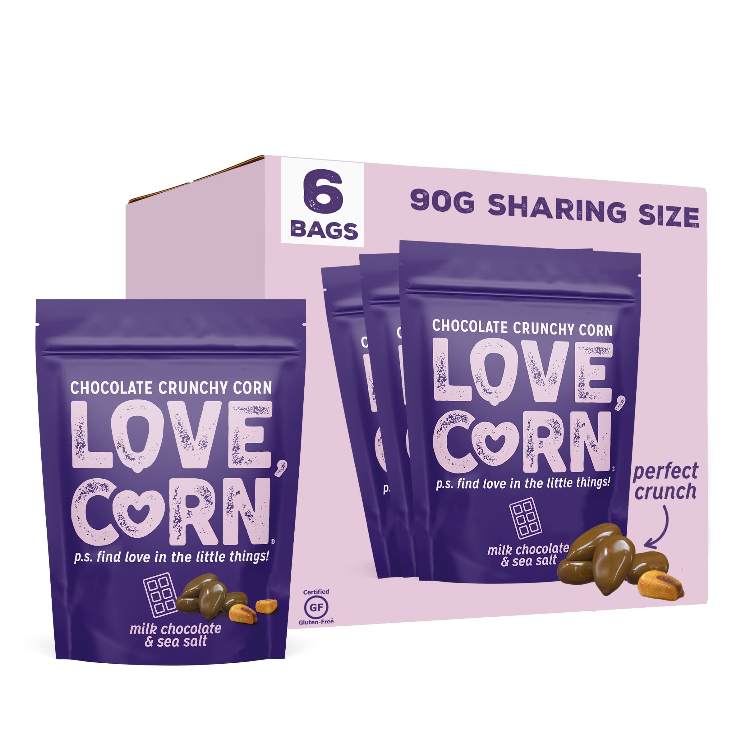 LOVE CORN Milk Chocolate & Sea Salt (6 x 90g) - High Fibre Multipack Snack, Gluten-Free, Kosher, Healthy Chocolate Treat, Low Sugar Alternative, Gourmet Graze, Gift Pack, Made in UK, Delicious