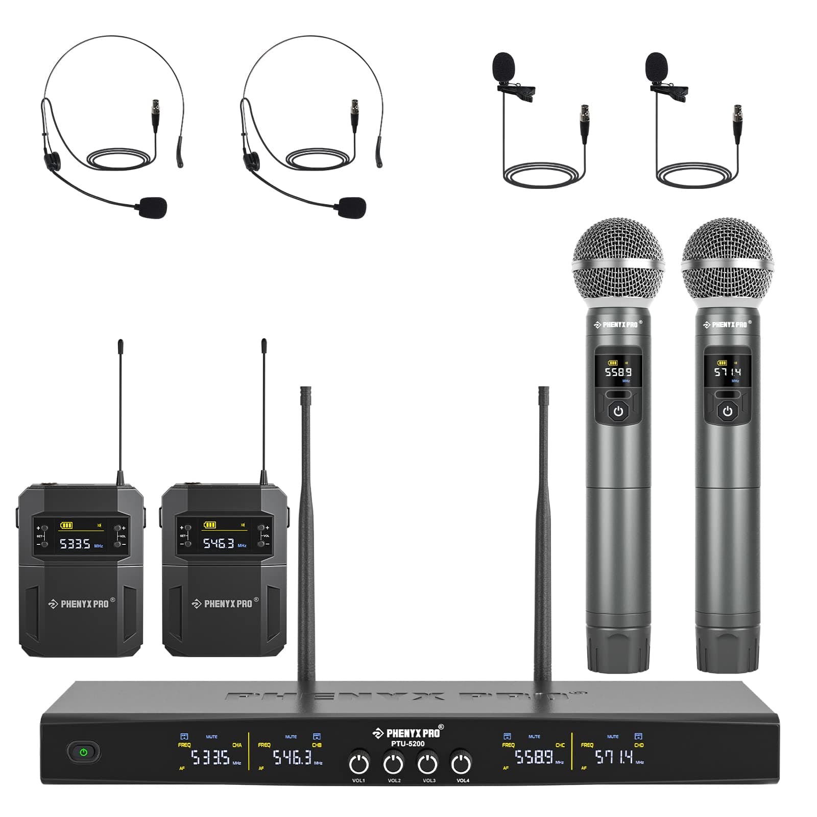 Wireless Microphone System, 4-Channel Wireless Mic Set with Handheld/Bodypack/Headset/Lapel Mics, Cordless Mic for Singing, Karaoke, Church (PTU-5200B)