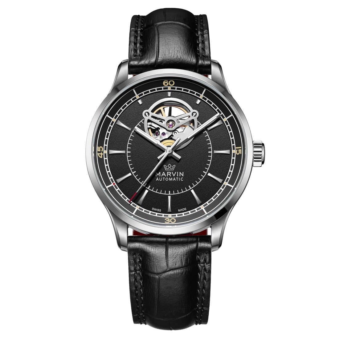 Swiss Automatic Movement Mens Casual Watches with Skeleton on Dial and Black Leather Strap Waterproof