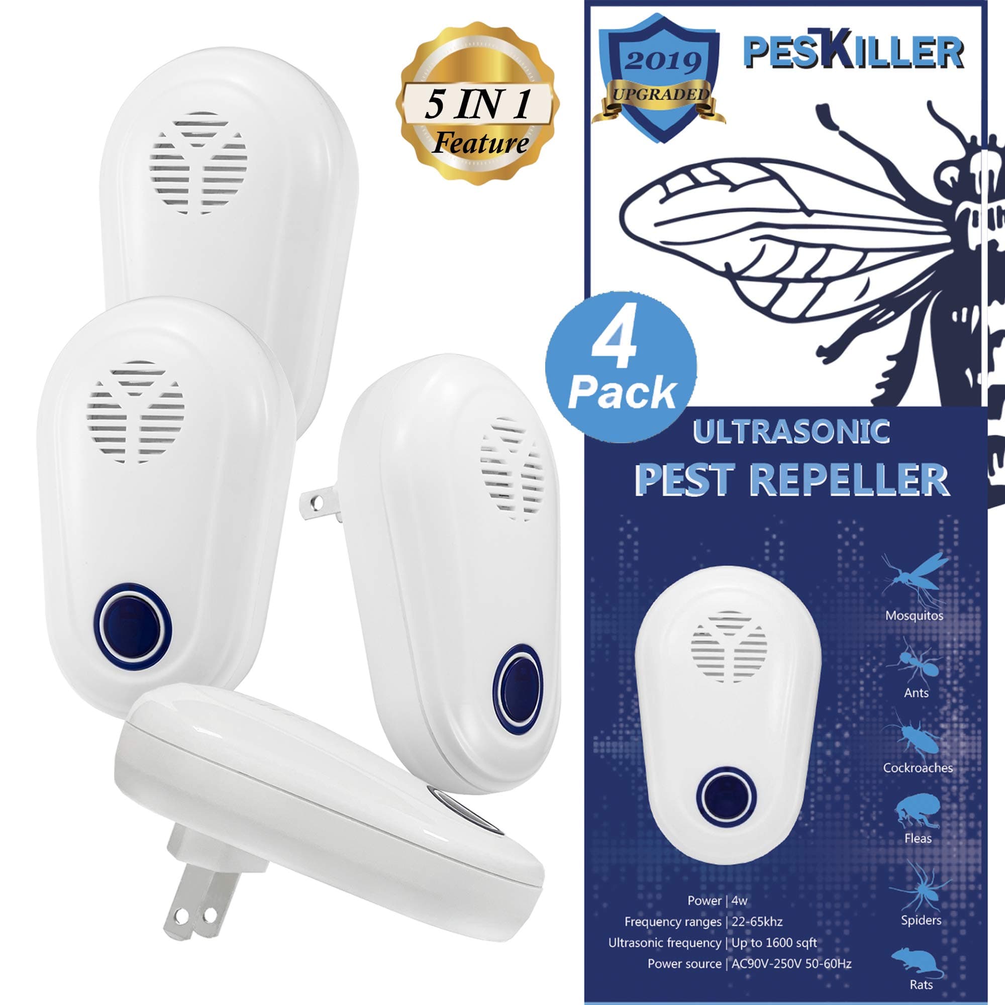PestKiller 2019 Ultrasonic Pest Repeller Plug in 4 Pack with Night Light for Indoors - Electronic Pest Repellent Control for Mosquitoes, Bedbugs, Fleas, Rodents, Cockroaches, Ants – Human and Pet Safe