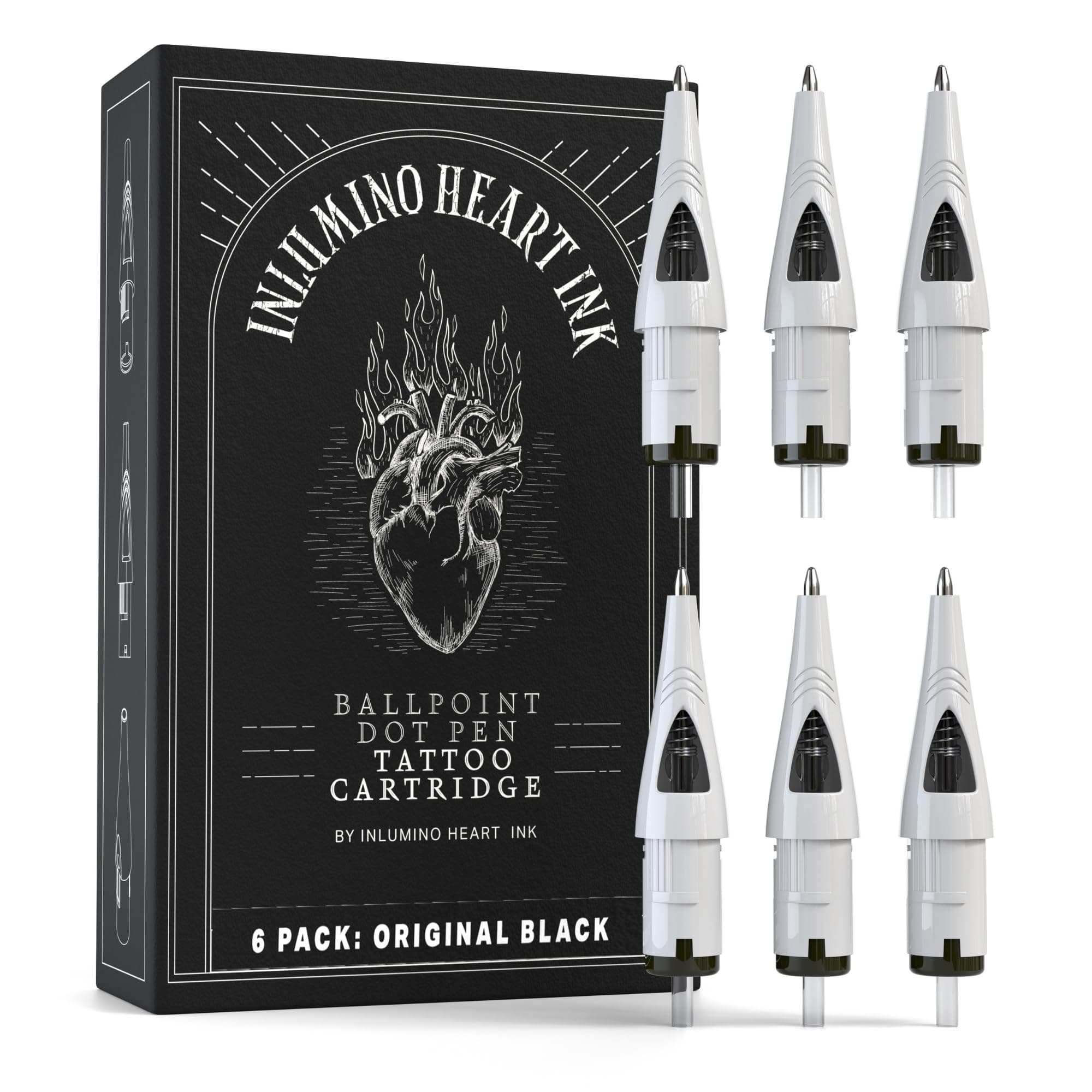 Inlumino Heart Ink Ballpoint Pen Cartridges – Original Black Ink (6-Pack) – Tattoo Practice Cartridges for Rotary Tattoo Machines – Oil-Based Ink for Creating Flash Art – Fake Skin Alternative