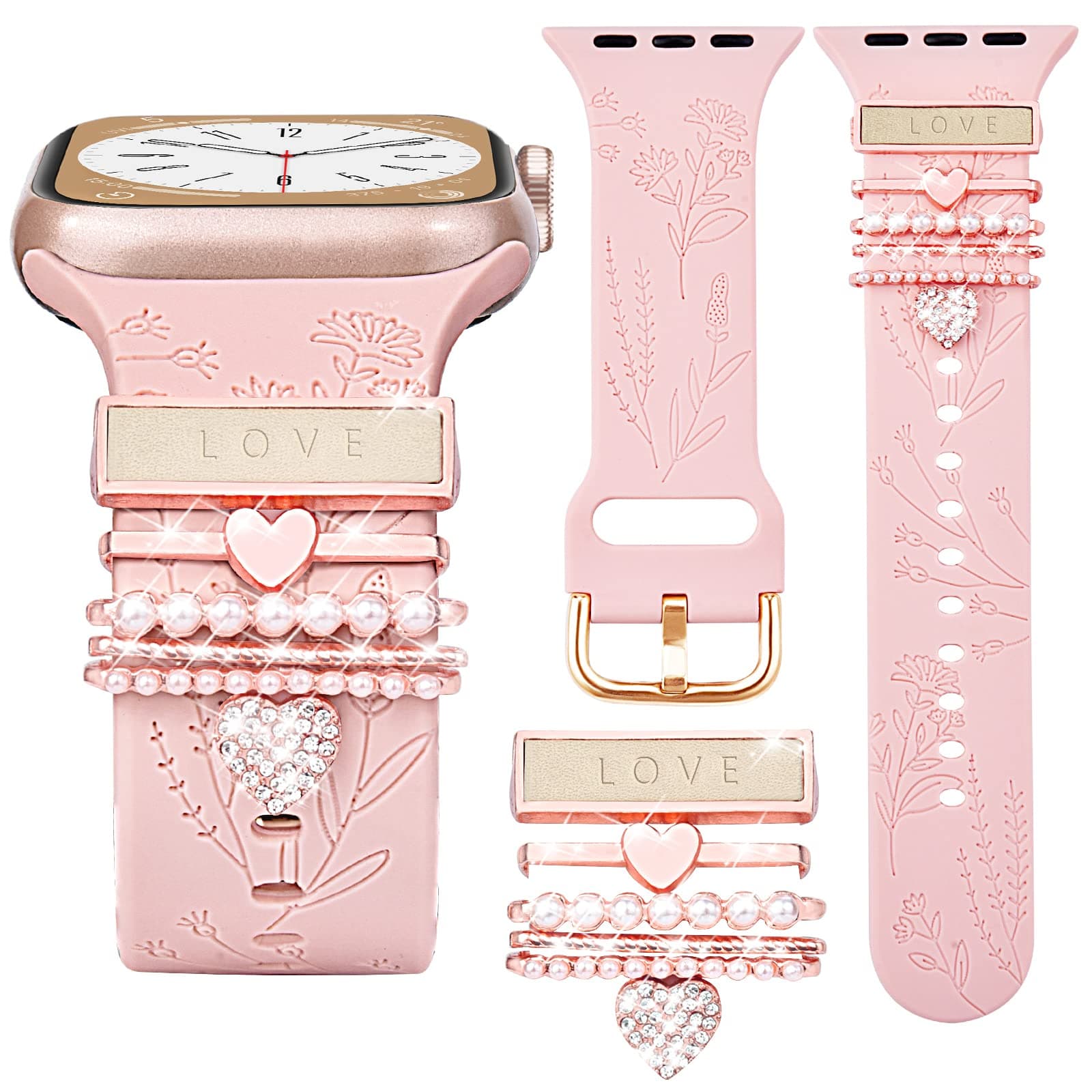 VISOOM Watch Charms Compatible for Apple Watch Band 40mm/38mm/41mm Series 8 7 SE 6/5/4 Women Fashion Cute Floral Engraved Silicone Watch Strap Decorative Ring Loop for iWatch Bands Series 3/2/1