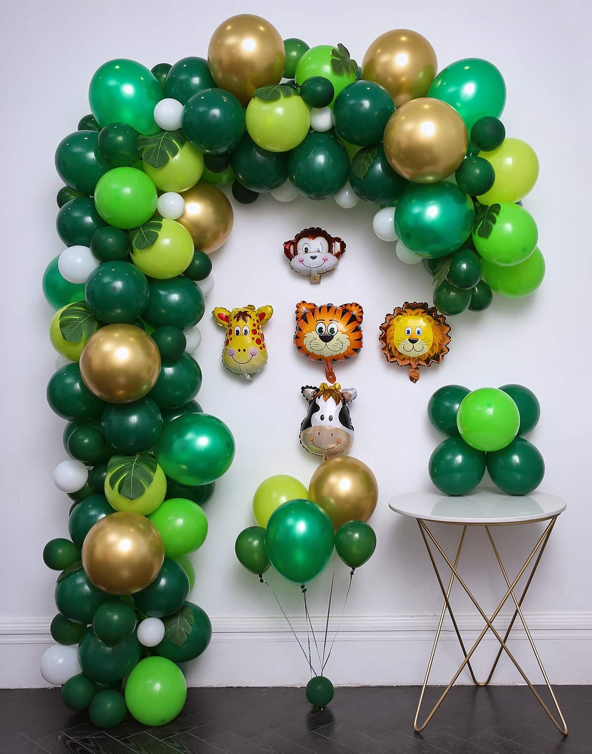 Jungle Safari Theme Party Supplies 124Pcs,Green Palm Leaves 10Pcs,latex balloons 102pcs,Animal foil balloons 5Pcs,Tying tools,Decorating Strip,Flower Clips,Ribbon,Birthday Shower