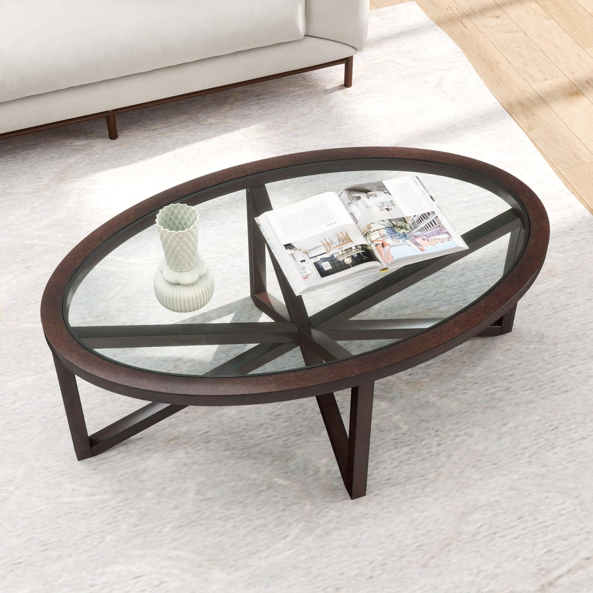 CanditreeOval Coffee Table with Tempered Glass Tabletop, Solid Wood Legs, Living Room Table, Center Table (Brown)