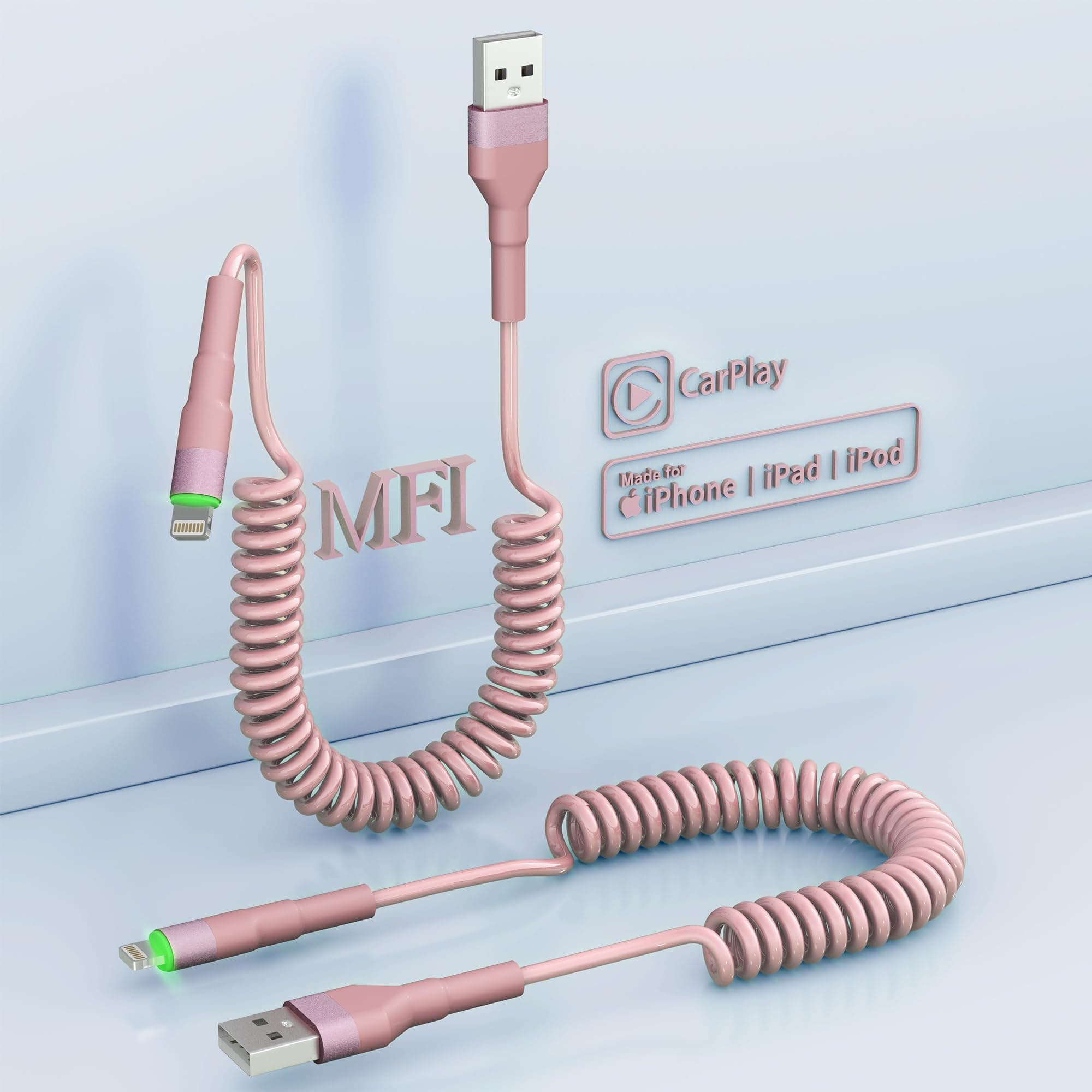 Coiled iPhone Lightning Cable for Apple Carplay, 2 Pack iPhone Charger Cable for Car, [Apple MFi Certified] Retractable iPhone Charger with Data Sync, Short iPhone Charger Cord for iPhone/Pad/Pod