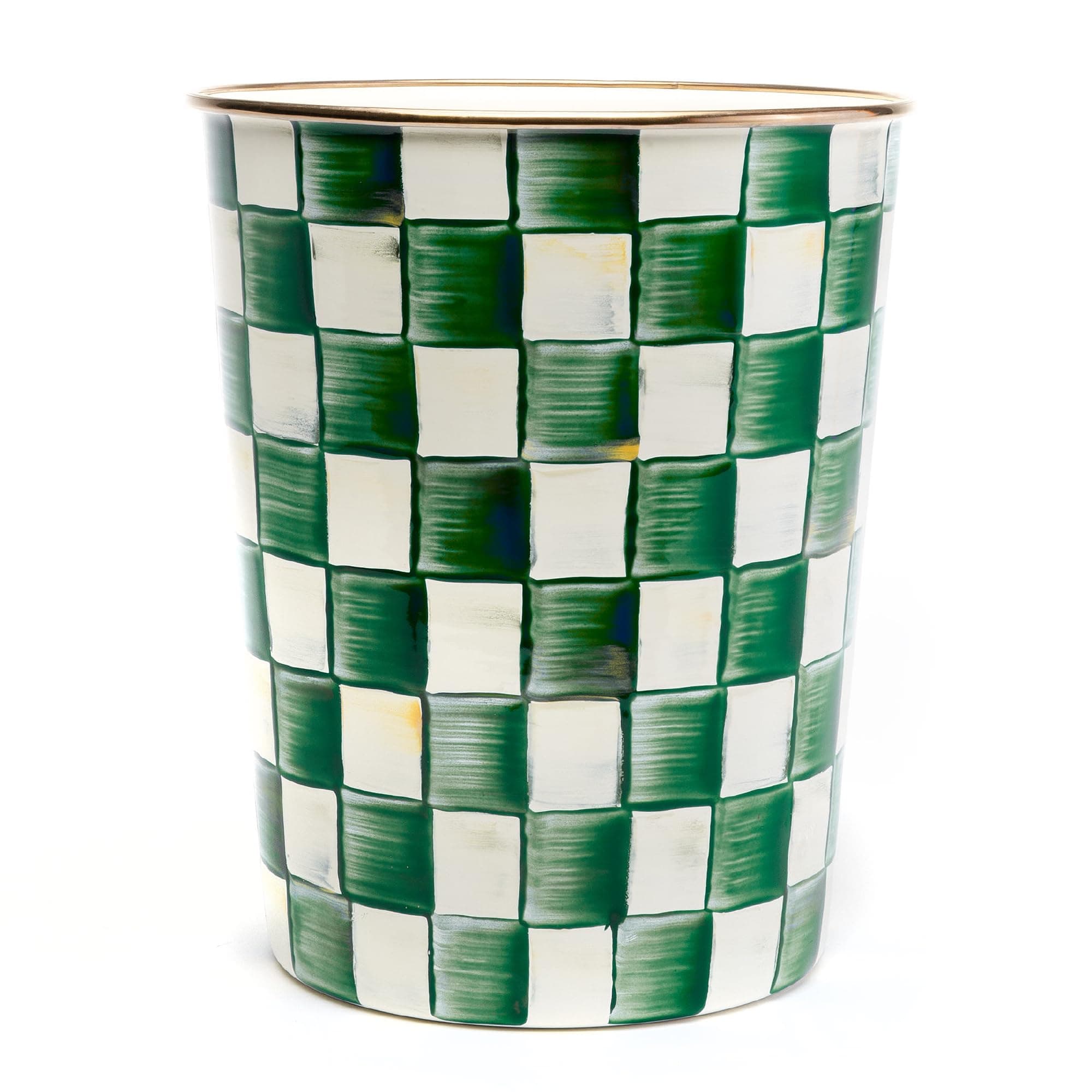 MACKENZIE-CHILDS Waste Bin, Decorative Bedroom Trash Can or Bathroom Trash Can, Green-and-White Emerald Check