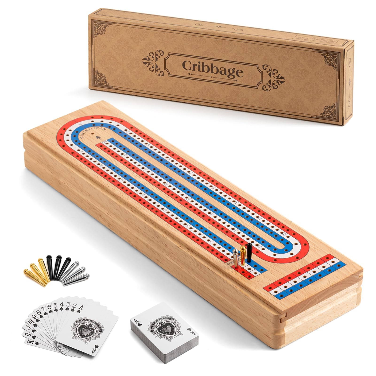 Cribbage Board Game Set with Large Storage Area, Solid Wood 3 Track Cribbage Board, 9 Metal Pegs, 2 Playing Cards and Instruction. Portable Travel Board Game for All Ages.