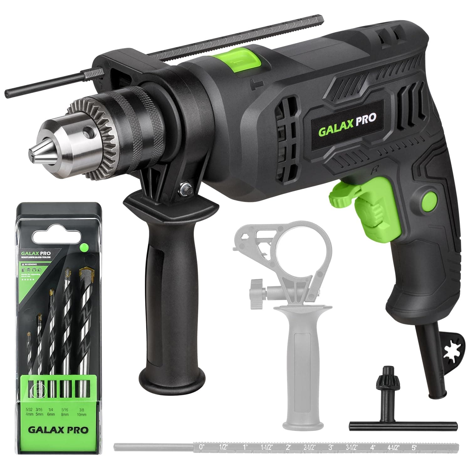 GALAX PRO 4.5Amp 0-3000RPM Corded Hammer Drill, 5pcs Bit, Hammer and Drill 2 Functions in 1 with 12 Variable Speed, 1/2 Inch Keyed Metal Chuck, 360°Rotating Handle
