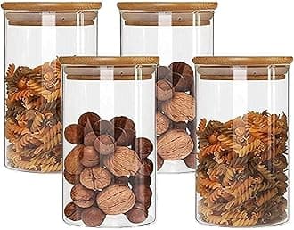 Jinelza1050ML Kitchen Storage Borosilicate Glass Jar Container with Air Tight Bamboo Wooden Lid Storage Containers Round Shape for Sugar,Candy, Cookie, Rice and Spice Jar (1050ML JARS, 4 PCS)