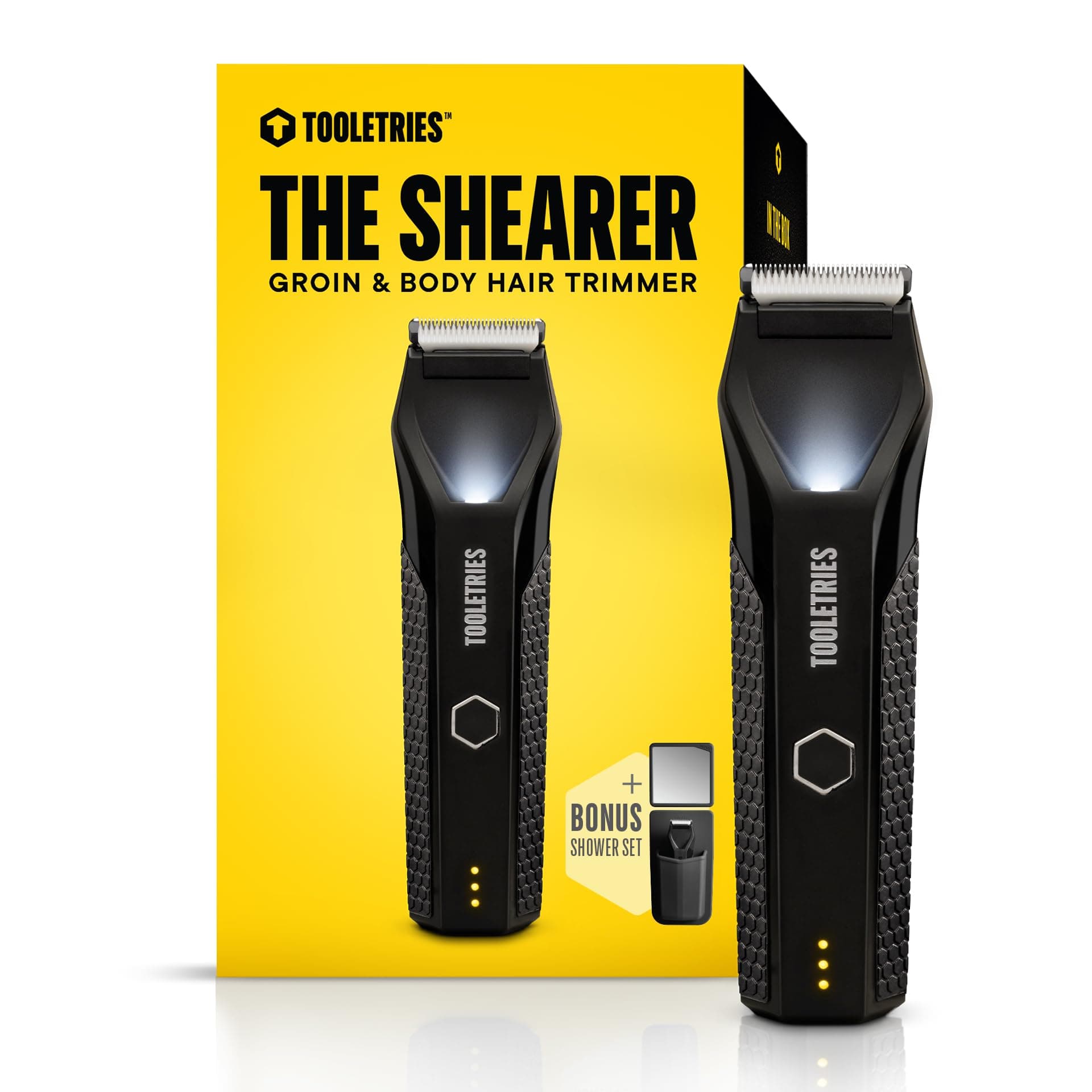 TOOLETRIES The Shearer - Groin & Body Hair Trimmer for Men, Electric Shaver for Pubic Hair, Balls, Groin, Chest, Legs, Waterproof Wet/Dry Clippers, Rechargeable, Bonus Shower Kit - Black