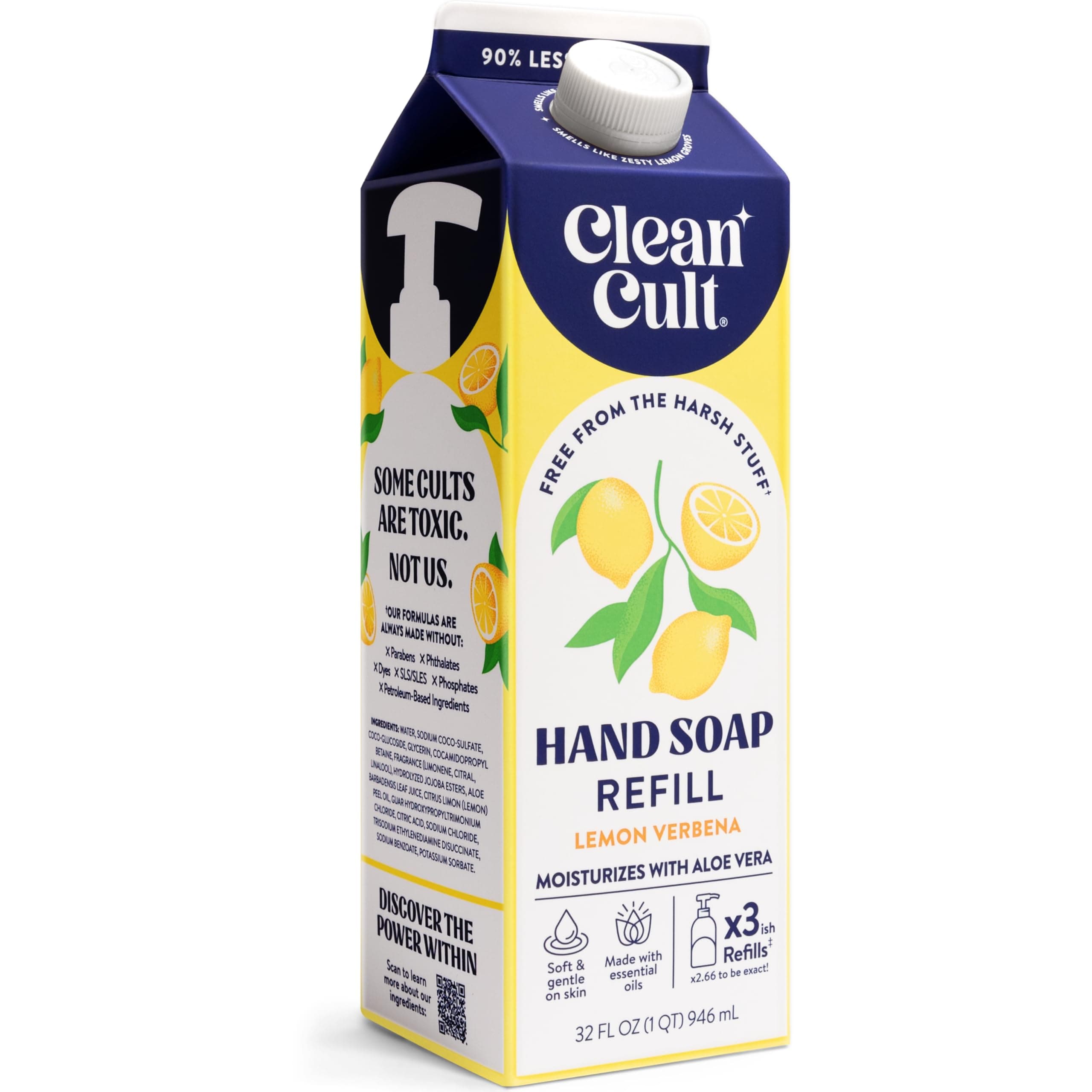 Cleancult Liquid Hand Soap Refills (32oz, 1 Pack) - Hand Soap that Nourishes & Moisturizes - Liquid Soap Free of Harsh Chemicals - Paper Based Eco Refill, Uses 90% Less Plastic - Lemon Verbena