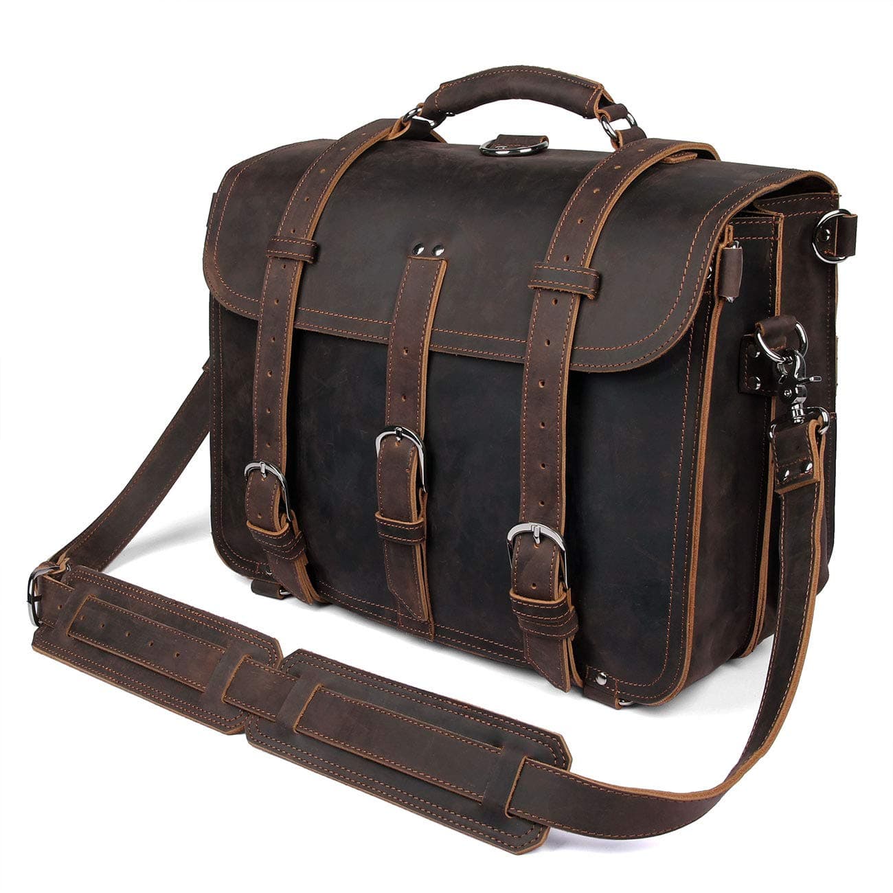 16 Inch Laptop Briefcase Professional Full Grain Leather Business Shoulder Messenger Bag Fit 15.6" Laptop