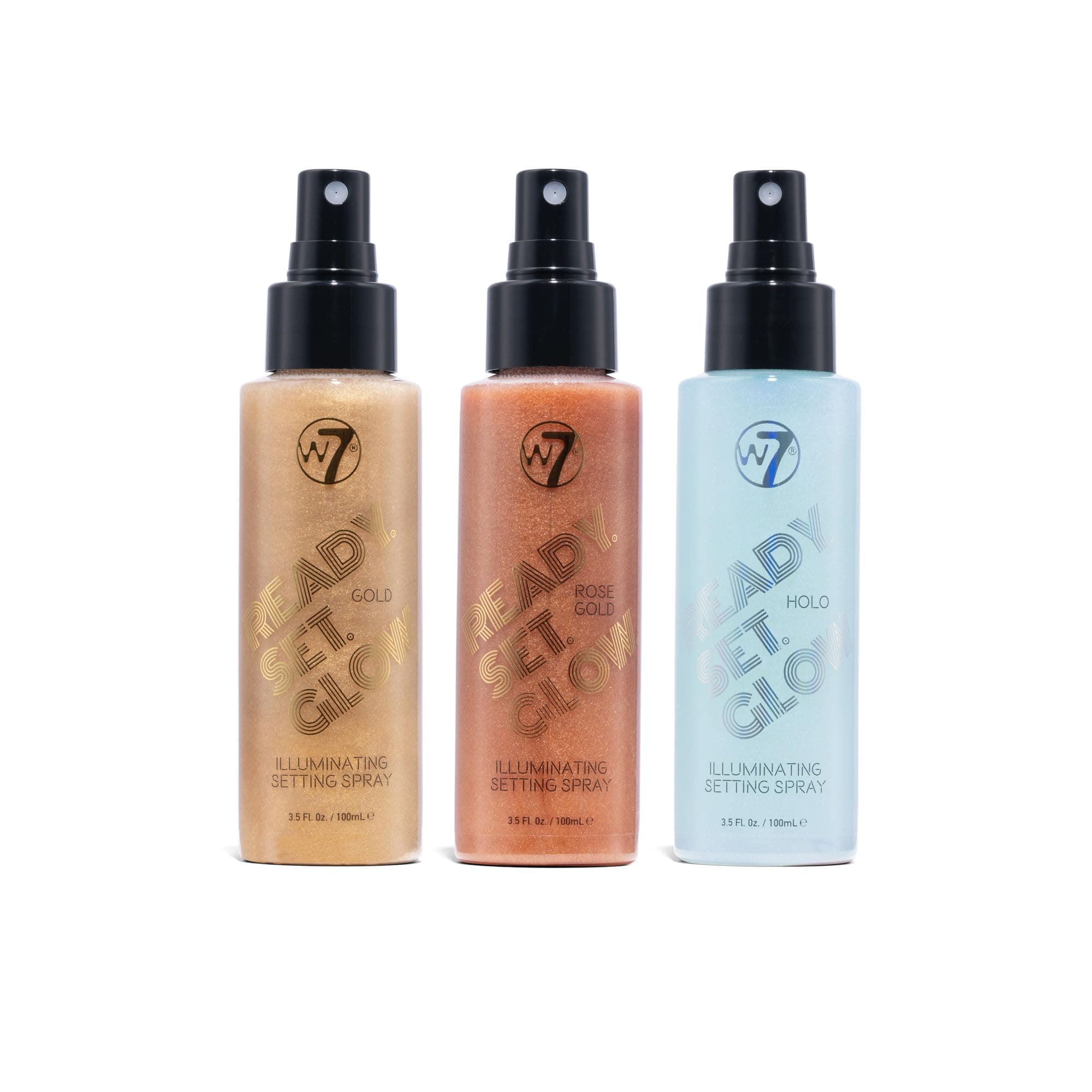 W7 Ready Set Glow Trio - 3 Piece Set - Makeup Setting Spray - Shimmer Finish - Long-Lasting, Ultra-Fine Formula (Rose Gold, Gold & Holo)