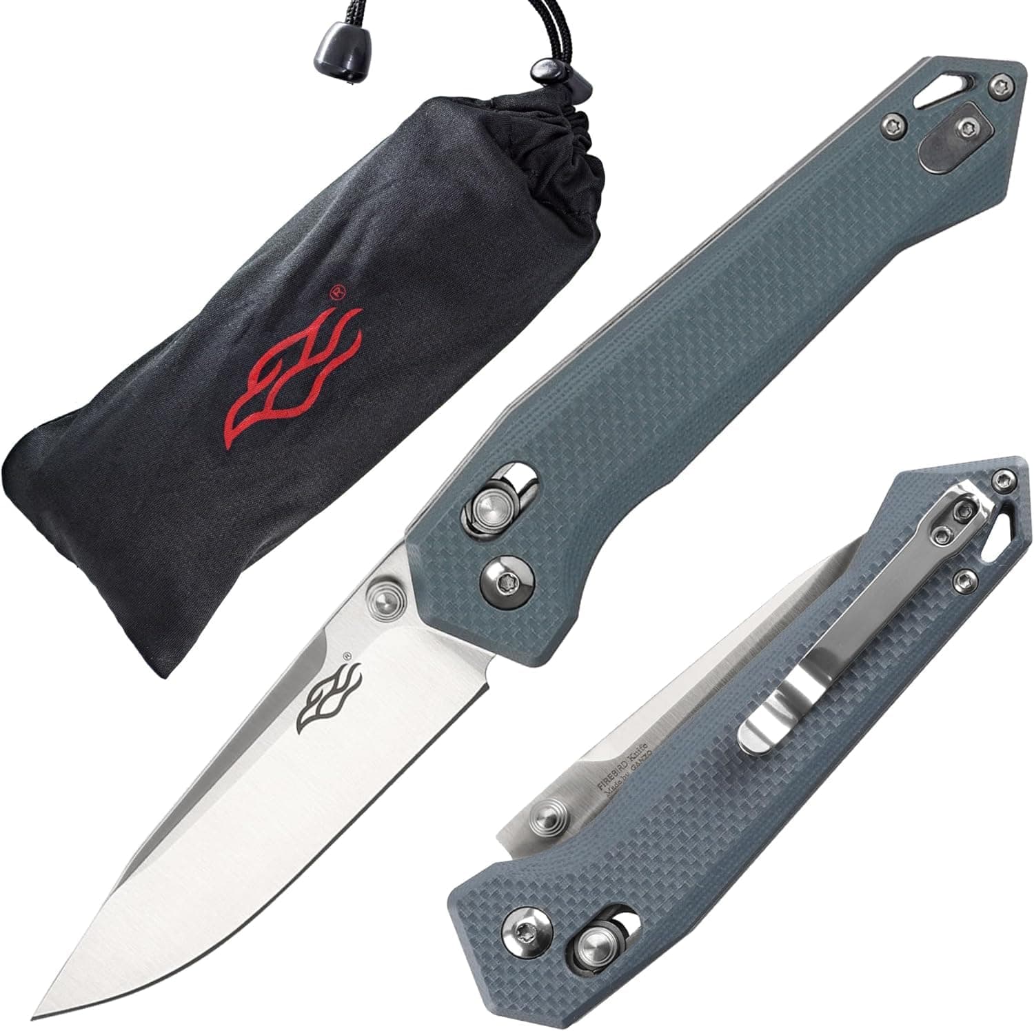 Firebird Ganzo FB7651-GY Pocket Folding Knife 440C Stainless Steel Blade G10 Anti-Slip Handle with Clip Hunting Fishing Camping Folder Outdoor EDC Knife (Grey)