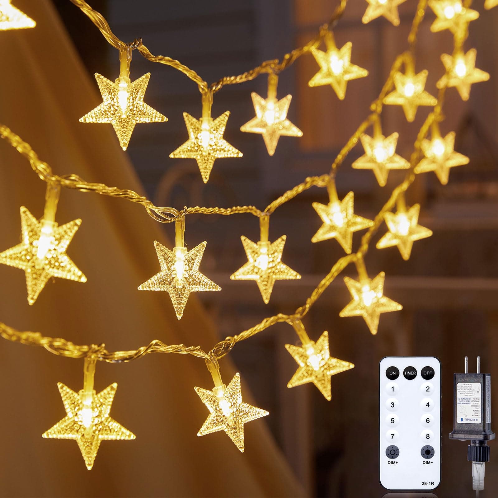 Star String Lights Plug in - 33 ft 100 LED Star Fairy String Lights with Remote and Timer, Waterproof for Bedroom Porch Wedding Party Patio Garden Tent Indoor Outdoor Décor, Warm White