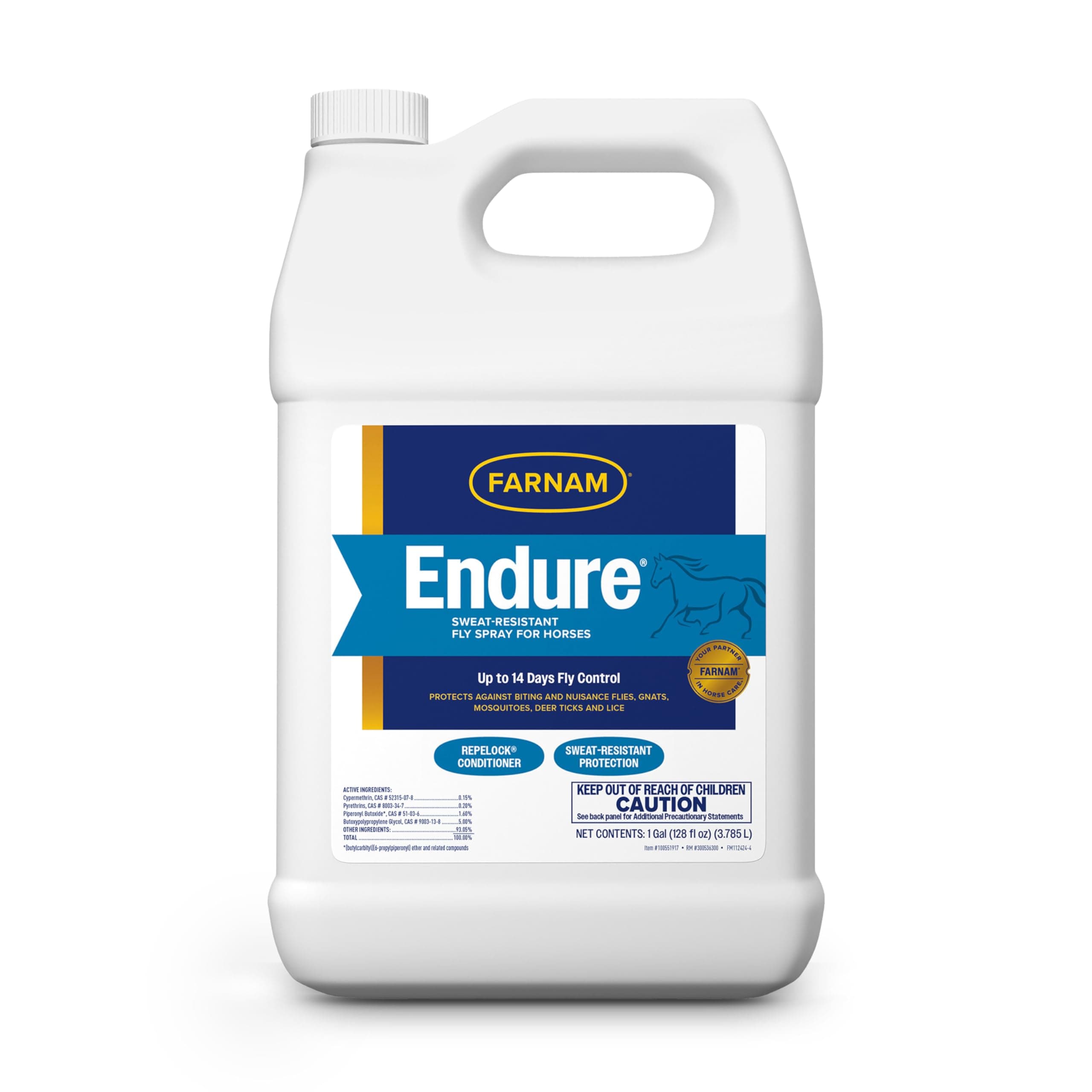 Farnam Endure Sweat-Resistant Fly Spray for Horses, Sweat-Rsistant Formula Lasts Up to 14 Days, Kills and Repels Against Flies, Gnats, Mosquitoes, Ticks & Lice, 128 oz.