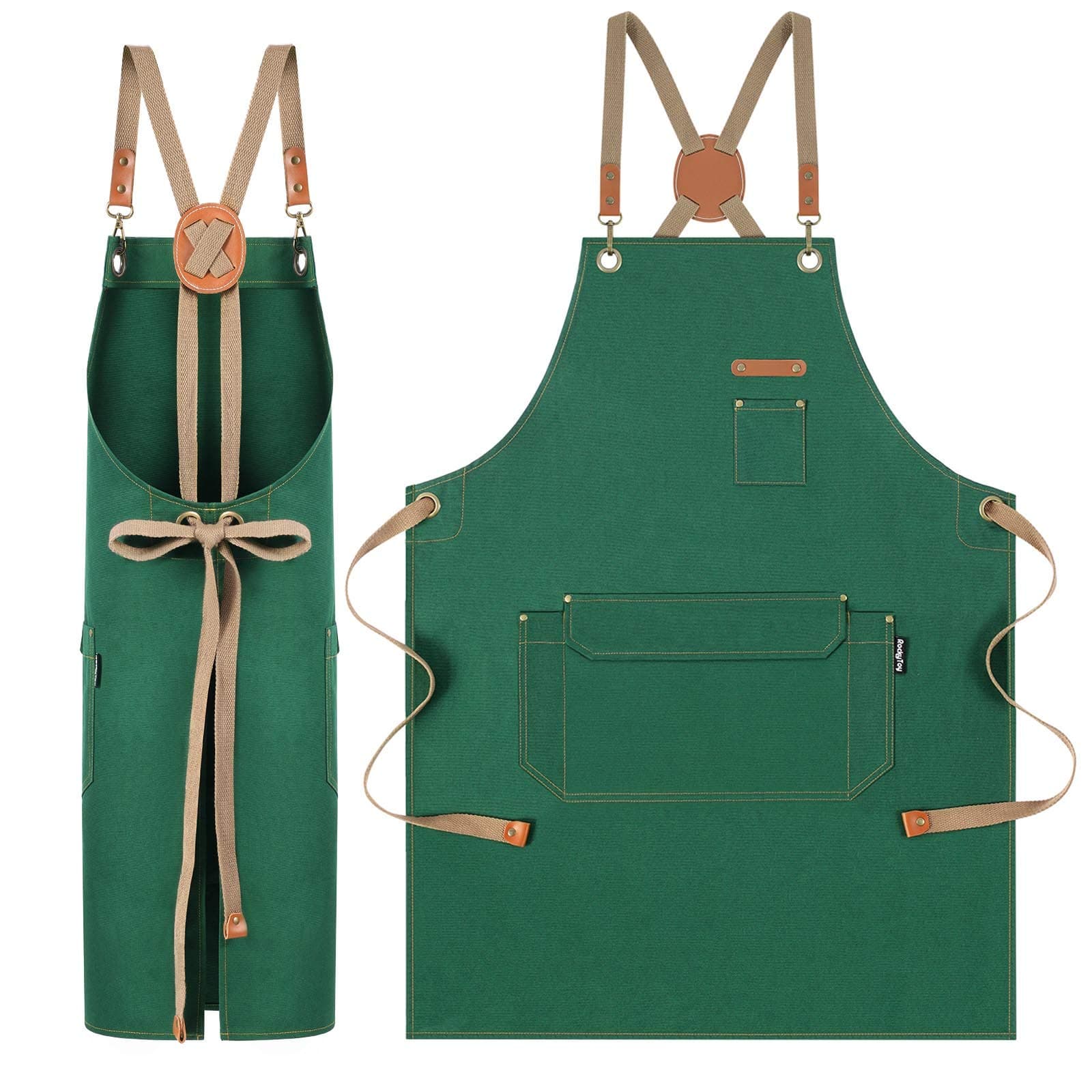 RockyToyChef Apron with Cross Back Straps for Men Women, Cotton Canvas Apron for Artists Painting, Kitchen Cooking