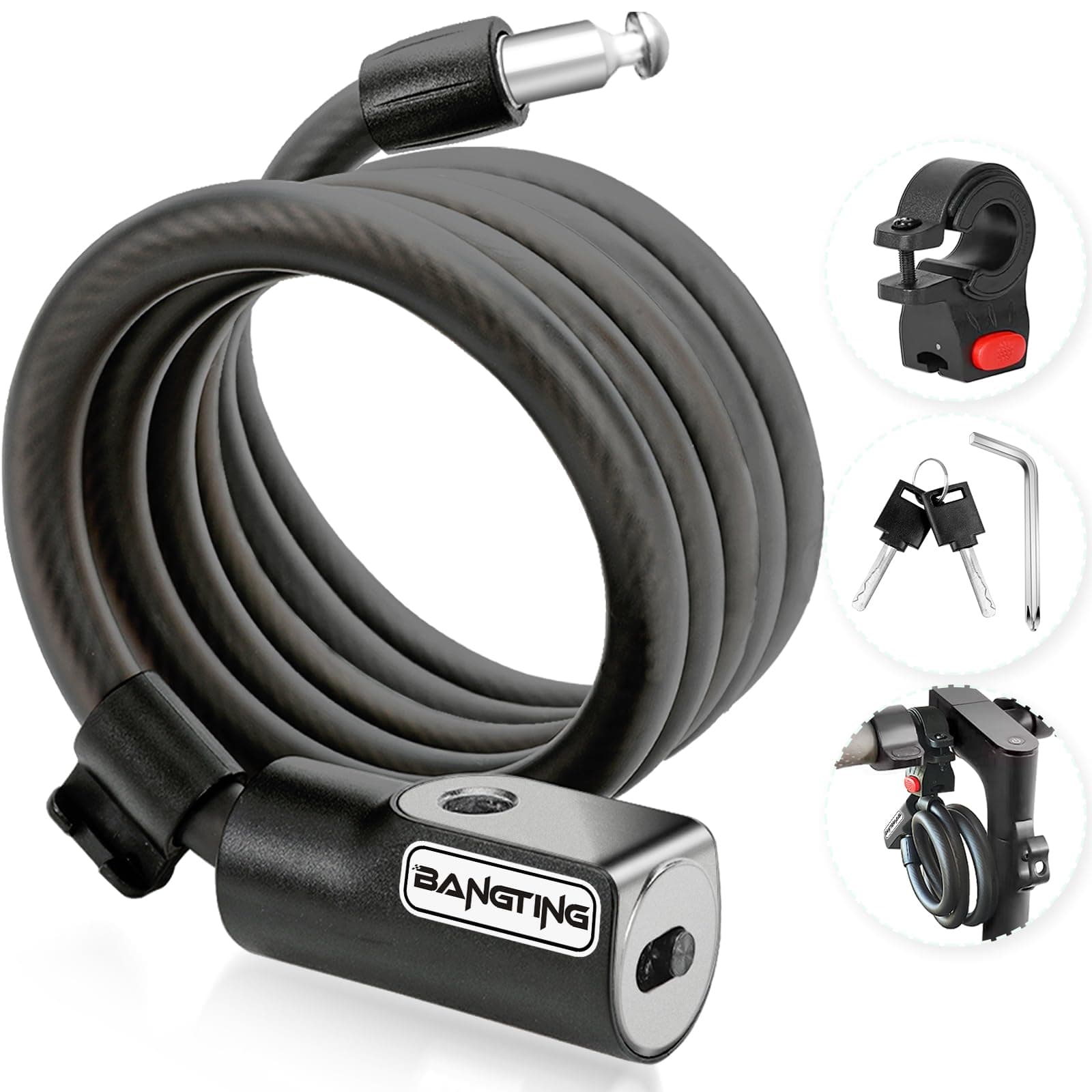 BANGTING 4 Feet Electric Scooter Bike Lock with Mounting Bracket & 2 Keys - 12mm Thick Heavy Duty Keyed Cable Lock, Anti Theft Weatherproof for E-Scooter, Bicycle, Kids Bike, Ebike, Scooter, Stroller