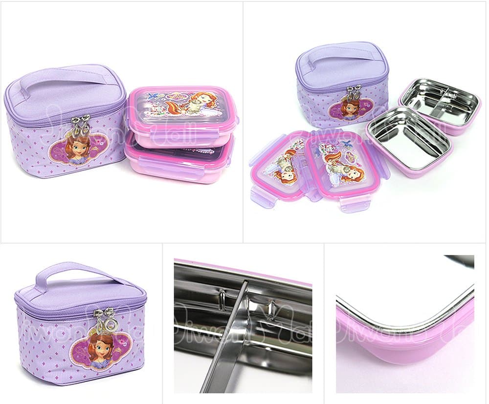 Disney Little Princess Sofia Double Lock Stainless Steel Two Stages Lunch Box with Bag -non slip bottom 042639