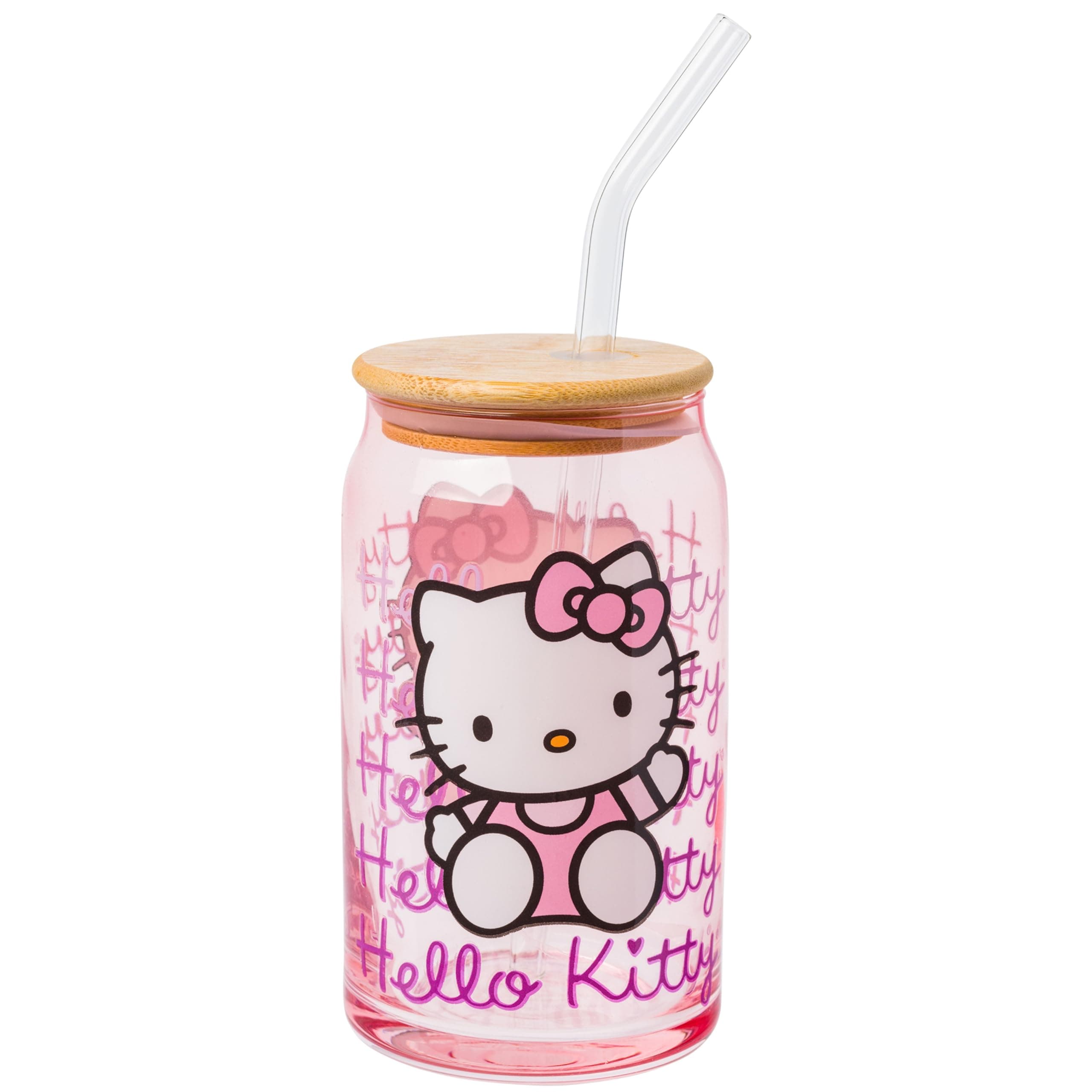 Silver Buffalo Sanrio Hello Kitty Waving Pink Glass Jar Tumbler with Bamboo Lid and Glass Straw, 16 Ounces | Sanrio, Waving, Jar, Tumbler, Bamboo Lid, Glass Straw