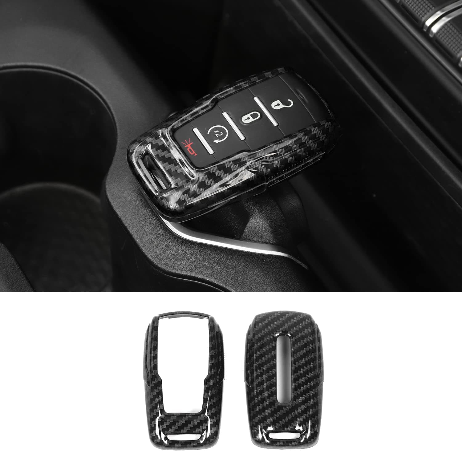 for RAM Key Fob Cover, Carbon Fiber Remote Control Cover Smart Key Protector Key Case Shell Holder for 2018-2023 Dodge RAM 1500 2500 3500 Accessories, ABS