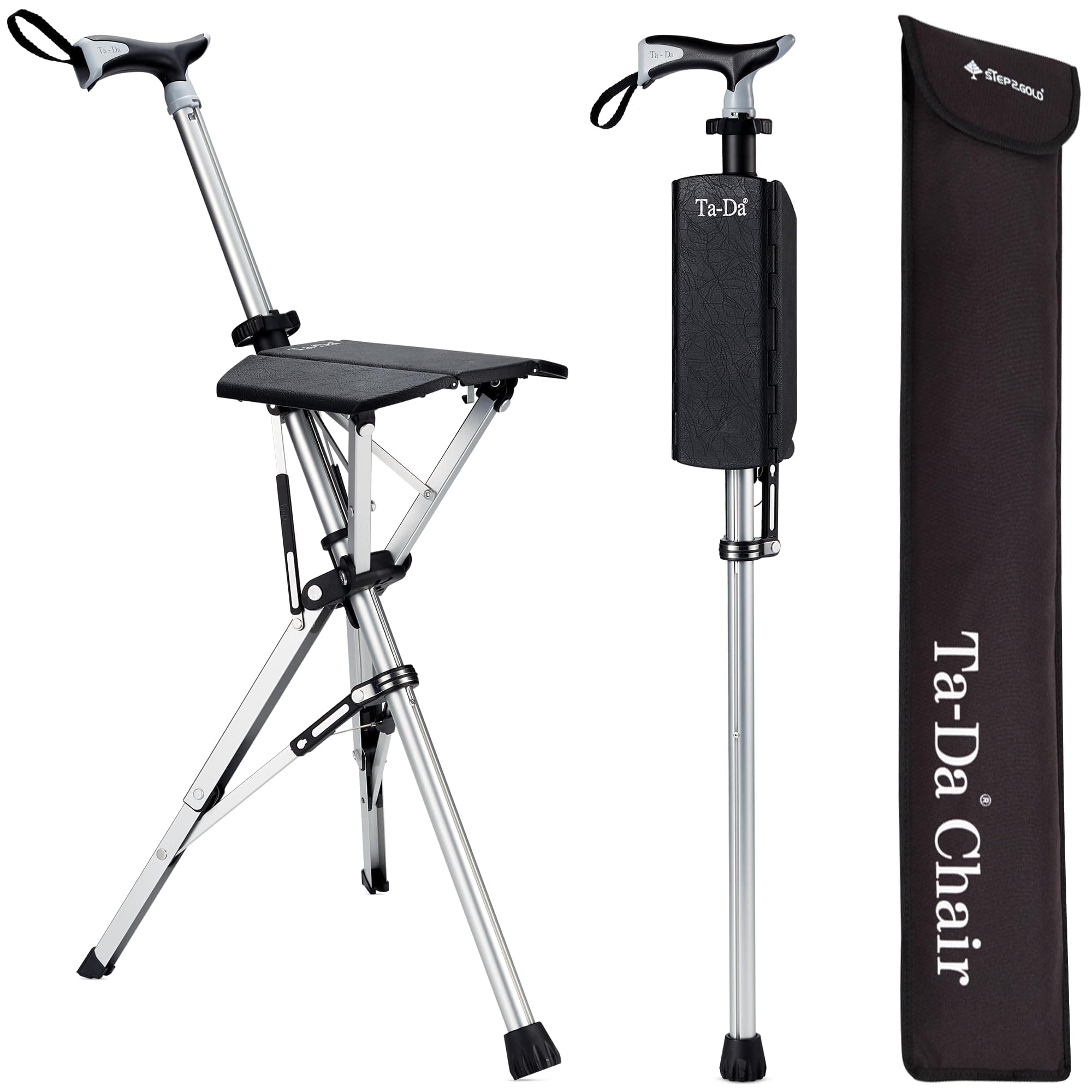 Ta-Da Chair - Walking Stick with Seat, Ultra-Light Aluminium Frame & Sturdy Foldable Stool (up to 110kg), Collapsable Folding Design, Ideal for Travel & Sightseeing - Black, 88 cm