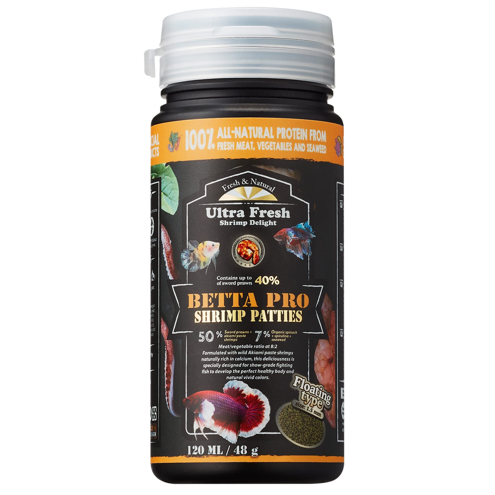 Betta Fish Food, Betta Pro Shrimp Patties, 50% Sword Prawns + Akiami Paste Shrimps, All Natural Protein, Rich in Calcium, for Betta's Healthy Development and Cleaner Water, 1.87 oz