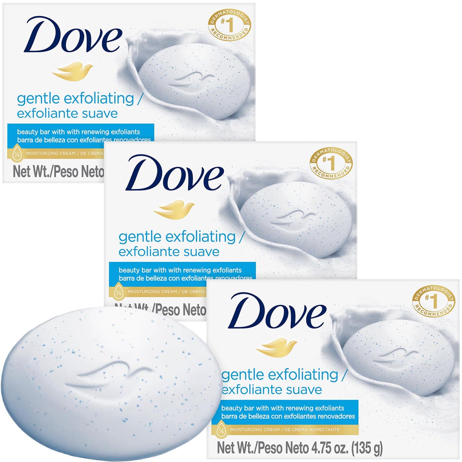 Dove Soap, Gentle Exfoliating Beauty Bar 3-Pack – 3-in-1 Moisturizing Face, Body & Hand Soap, 4.75 Oz Ea.