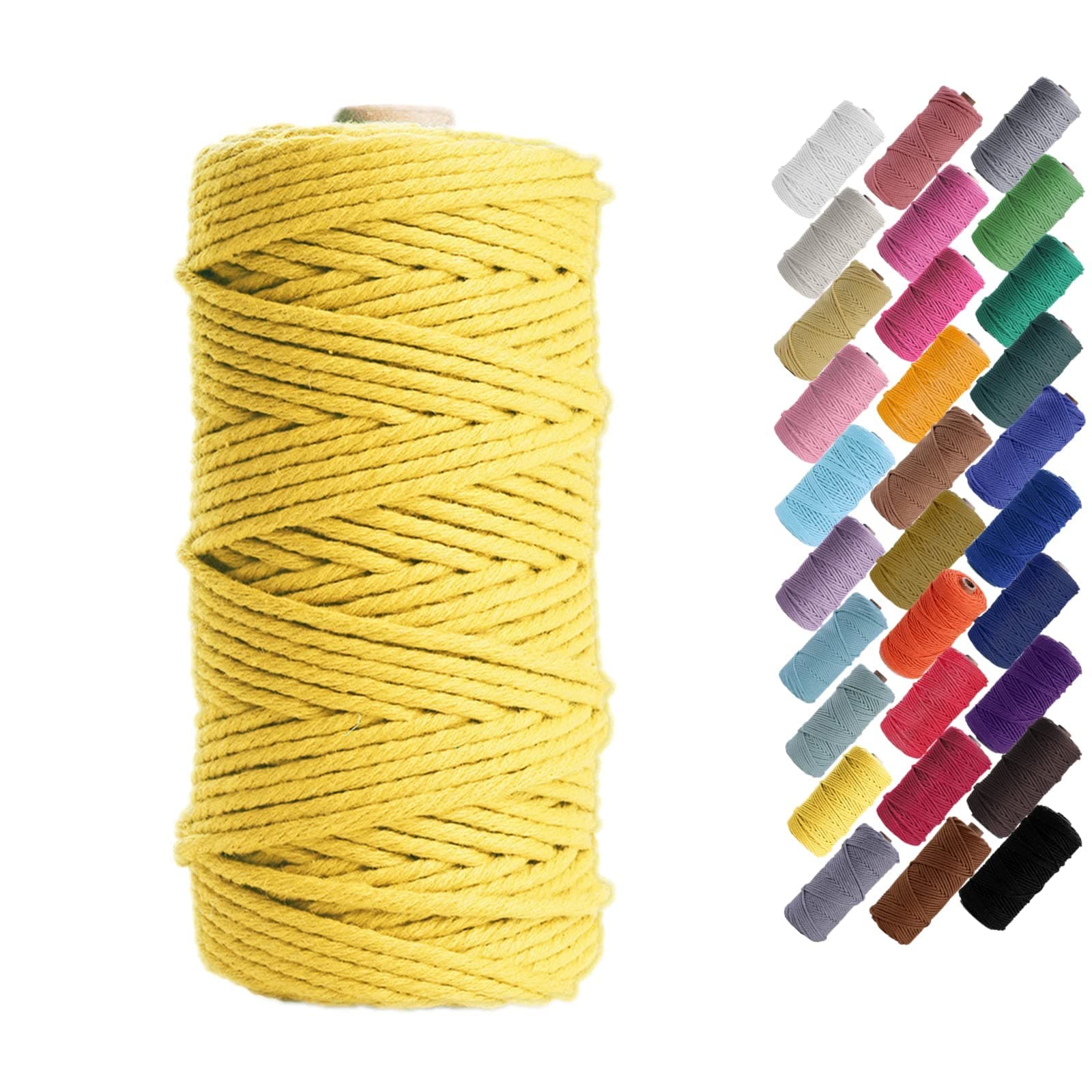 HAPYLYMacrame Cord Natual Macrame Cotton Cord DIY Craft Cord Spool Twine Rustic String Cotton Rope for Wall Hanging,Plant Hangers,Crafts,Knitting,Decorative Projects 3mm x100m (Yellow)