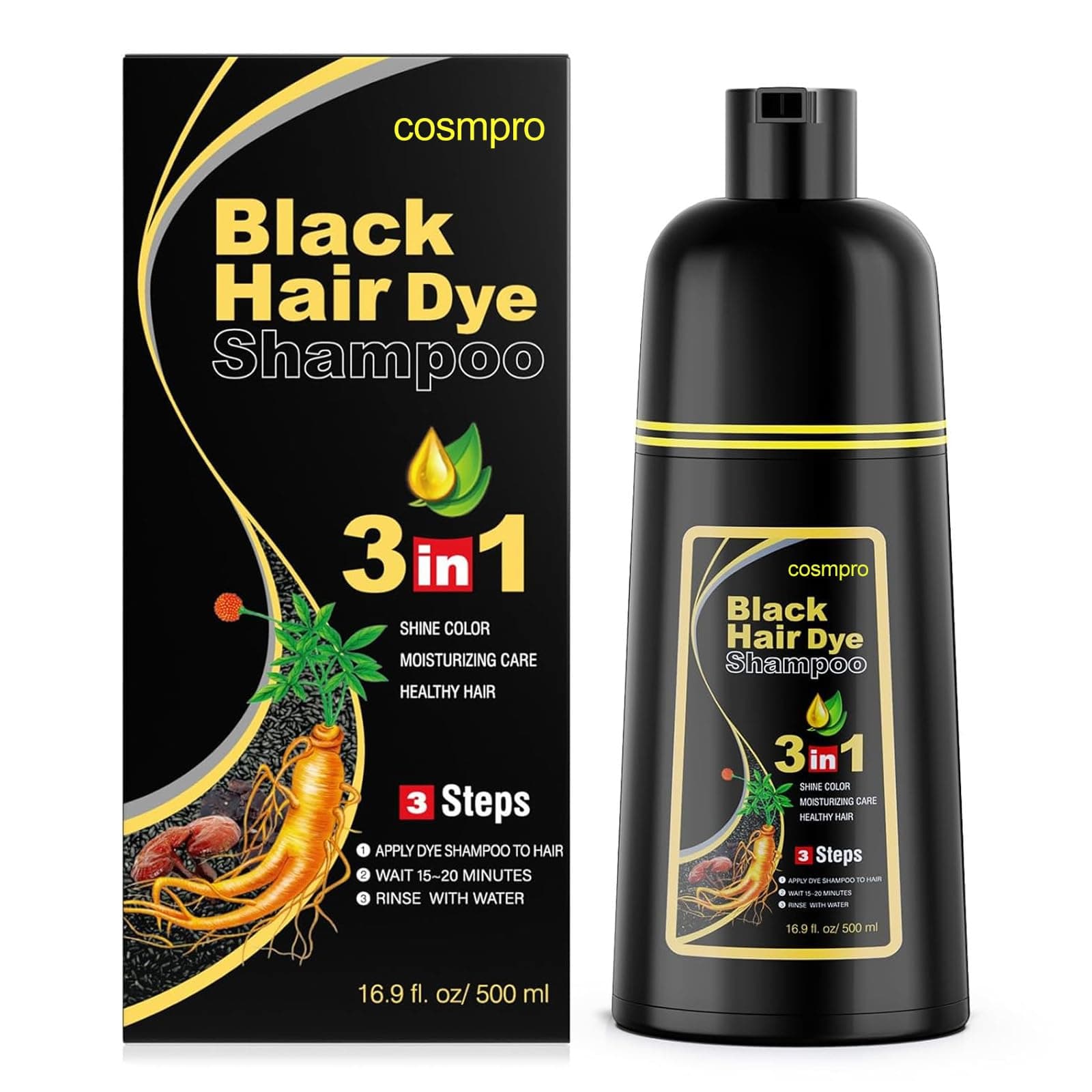 Black Hair Dye Shampoo 3 in 1 for Women/Men for Gray Coverage Instant Hair Color Shampoo Semi Permanent Champu Para Cana