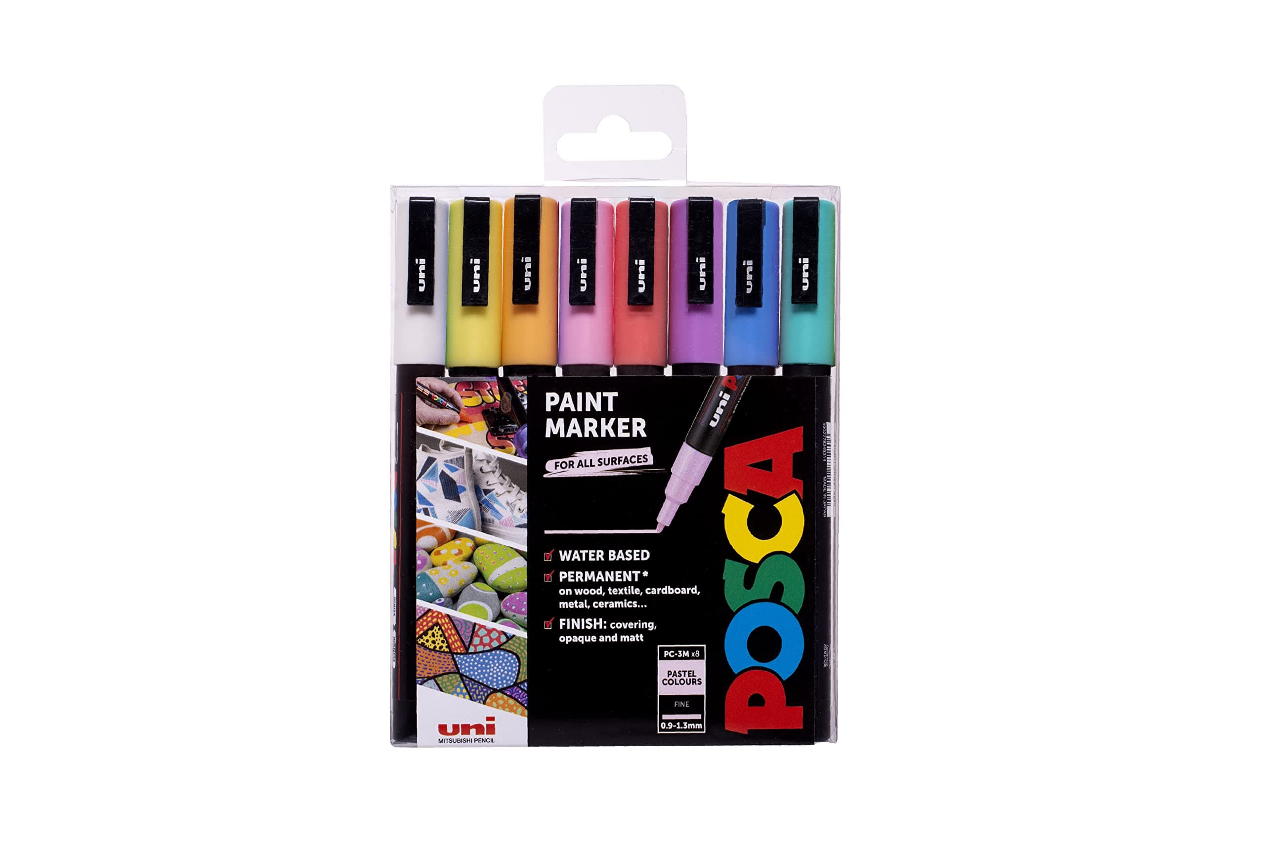 Posca Pens PC-3M Fine Acrylic Felt Tip Coloured Permanent Paint Markers for Adults and Kids. Perfect for Colouring, Fabric, Graffiti, Watercolour, Outline Drawing, Window and Glass Art. 8 Pack