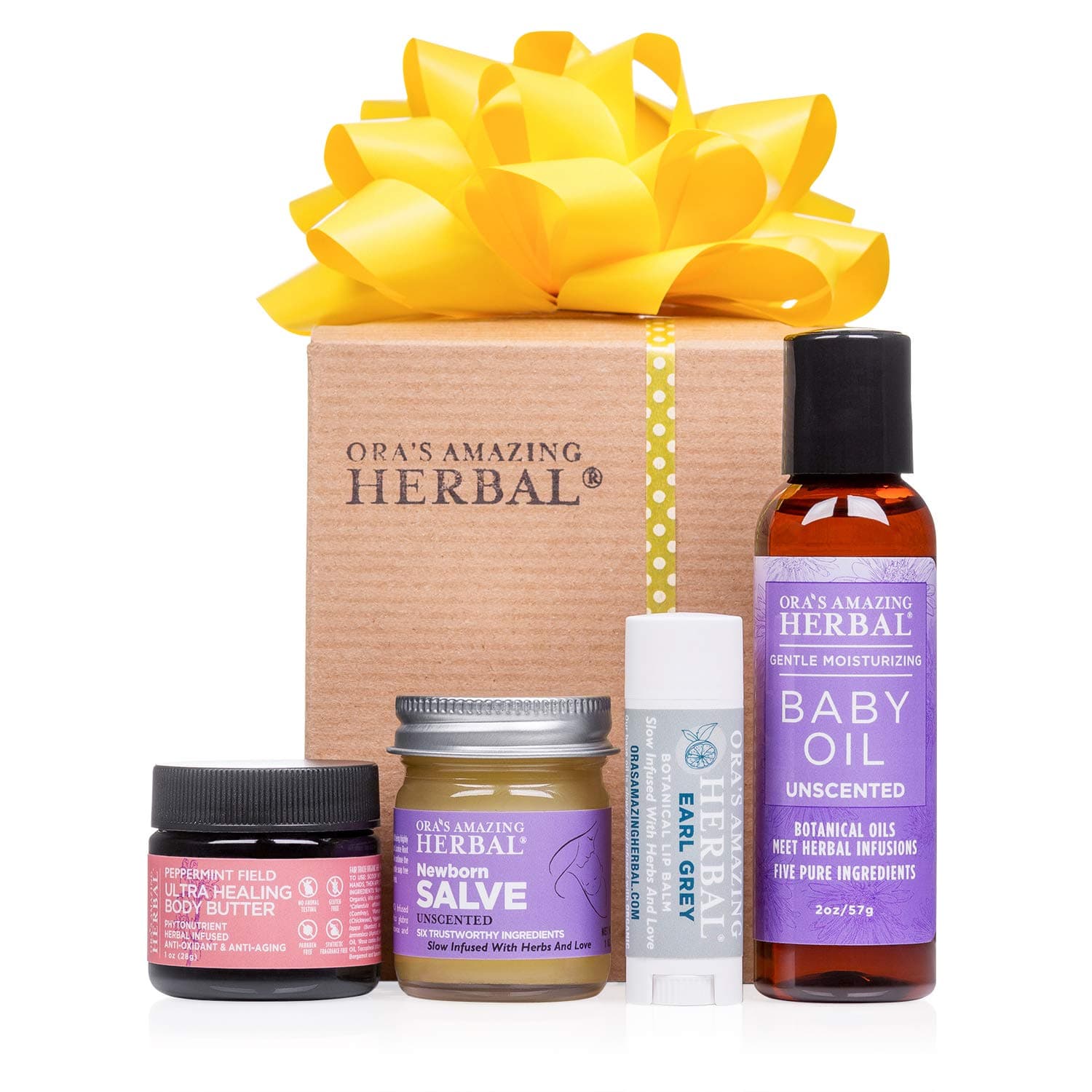 Ora's Amazing Herbal New Mom and Baby Natural Skincare Set, Natural Baby Oil, Newborn Salve, Peppermint Field Ultra Healing Body Butter for Mama's Belly, and Soothing Earl Grey Lip Balm