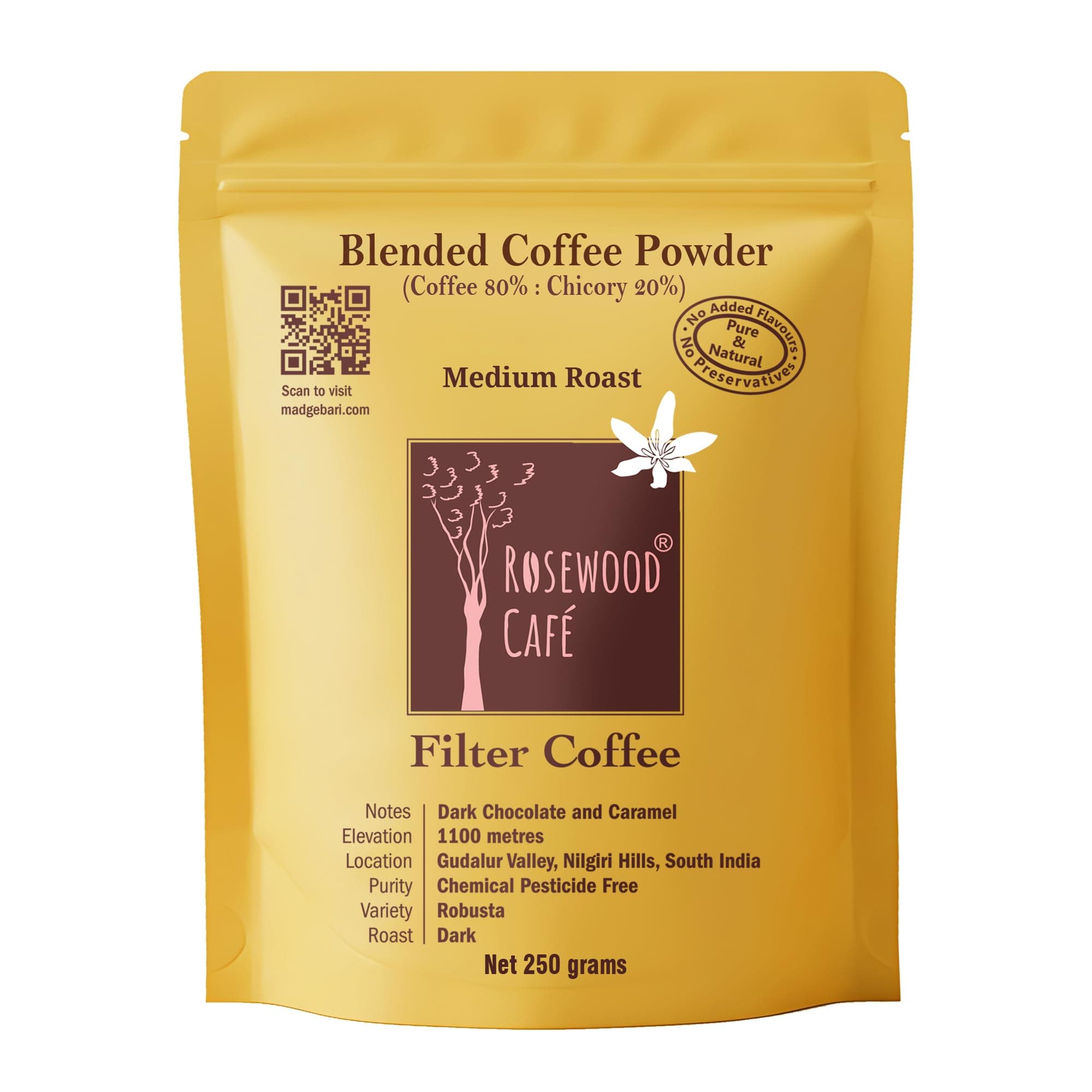Rosewood Cafe' - South Indian Filter Coffee Powder| Rich Aroma & Bold Flavor| Energizing & Refreshing | Perfect for Hot & Cold Brews | Authentic Flavour (250 Grams, Medium Roast)