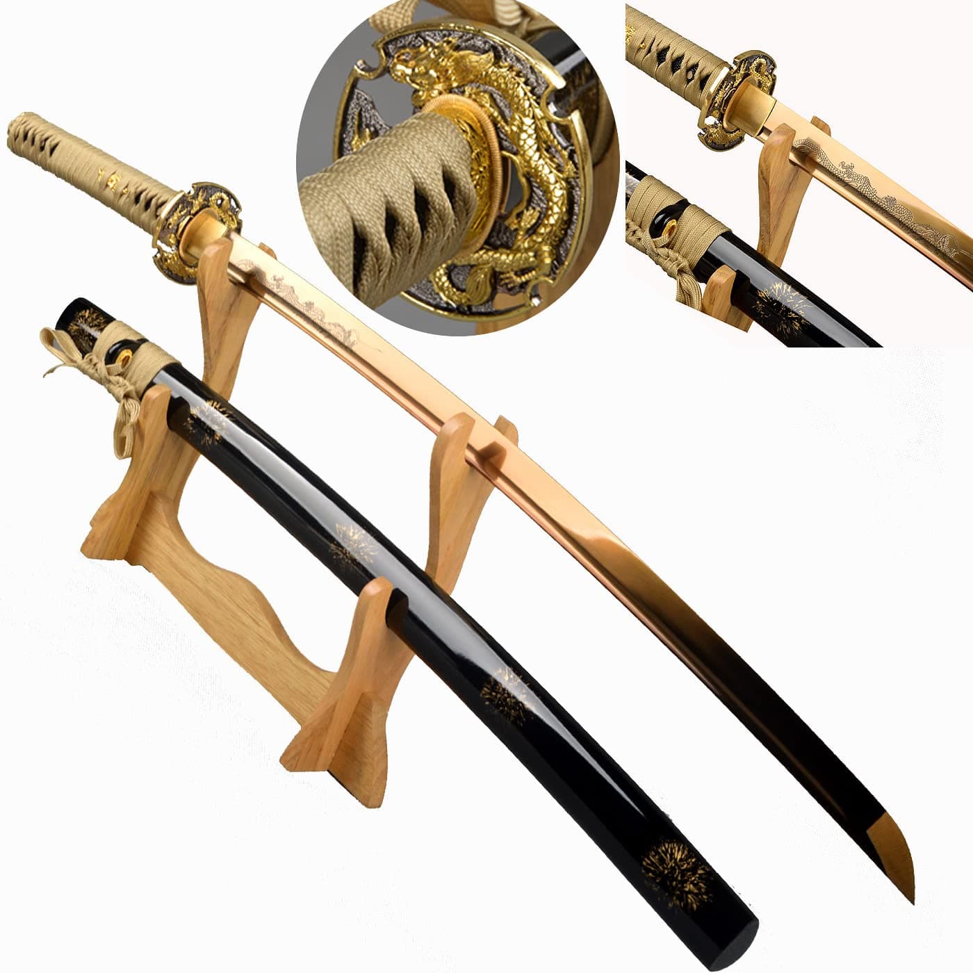 Sharp Katana Hand Forged 1095 High Carbon Steel Katana Sword Authentic Japanese Samurai Sword Full Tang Blade Real Weapon Combat Ready (Gold Dragon)