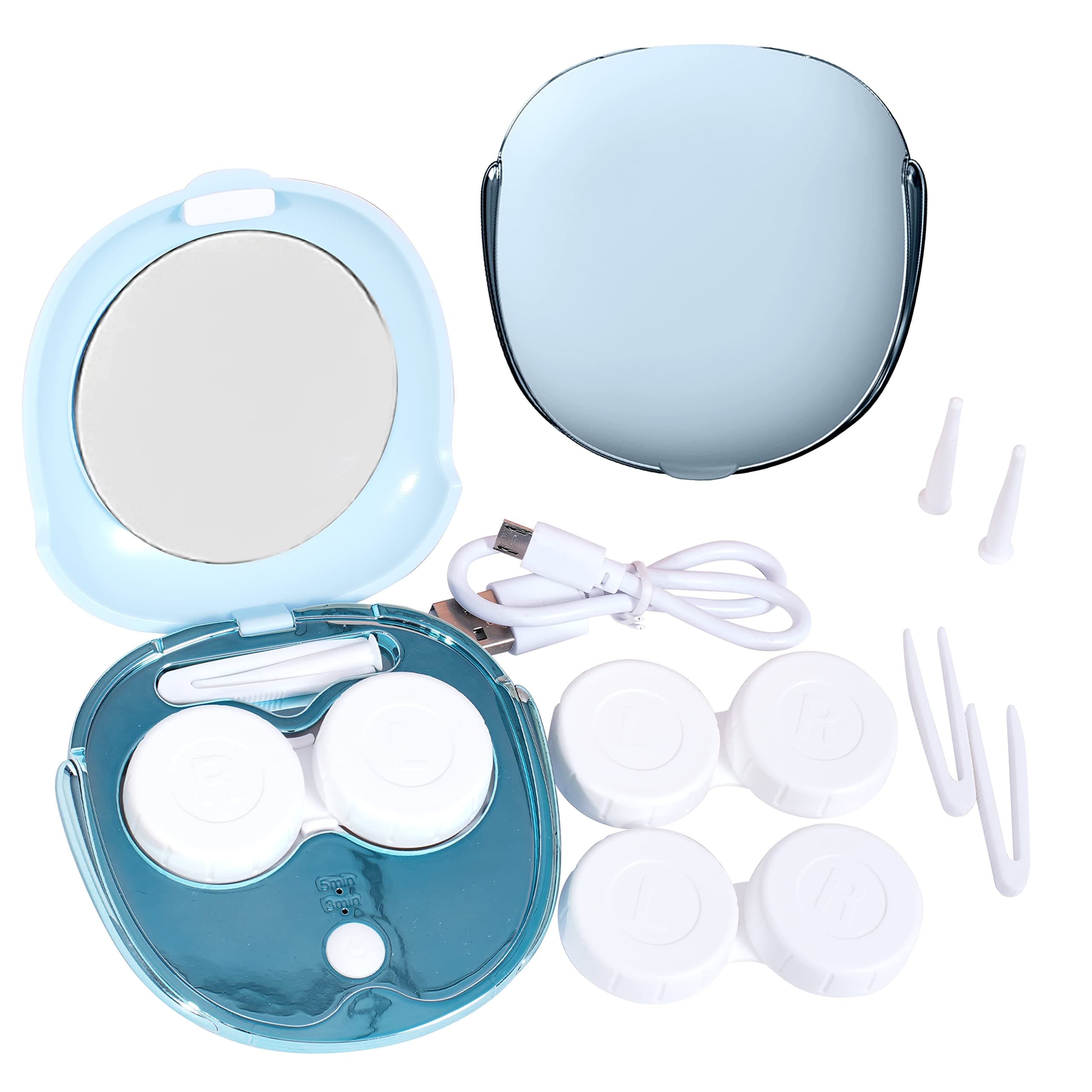 Contact Lens Cleaner Machine, Portable Ultrasonic Cleaning with USB Charger Mirror Tweezers Remover Tool Replaceable Contact Lens Case for Daily Outdoor (Blue)