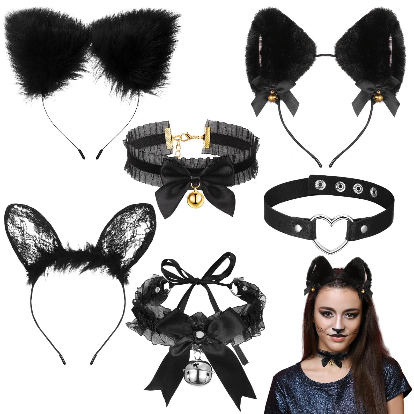 Cindeer6 Pcs Halloween Cat Cosplay Costume Set Plush Fox Rabbit Cat Ears Headband Faux Fur Animal Headband Cute Bell Choker Necklace Bow Collar Necklace for Women Girls Dress up Carnival Role Play