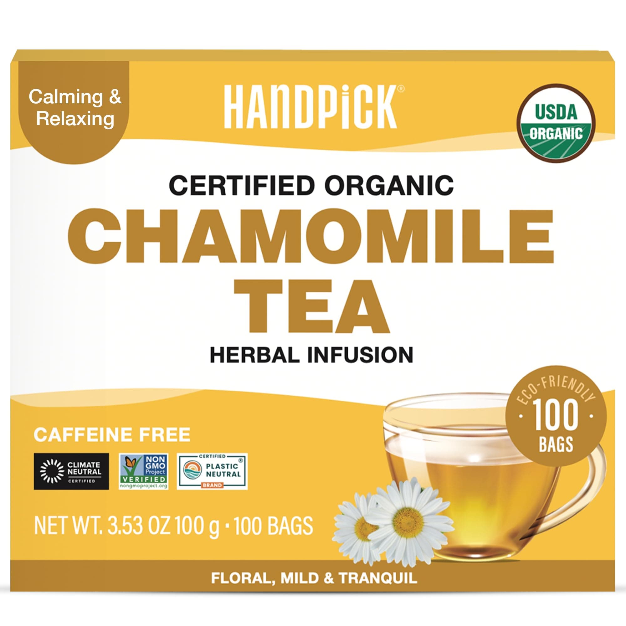 HANDPICK, Organic Chamomile Tea Bags (100 Herbal Tea Bags) Caffeine Free| Premium Floral Chamomile Herbal Tea in Eco-Conscious Teabags | Direct from Source