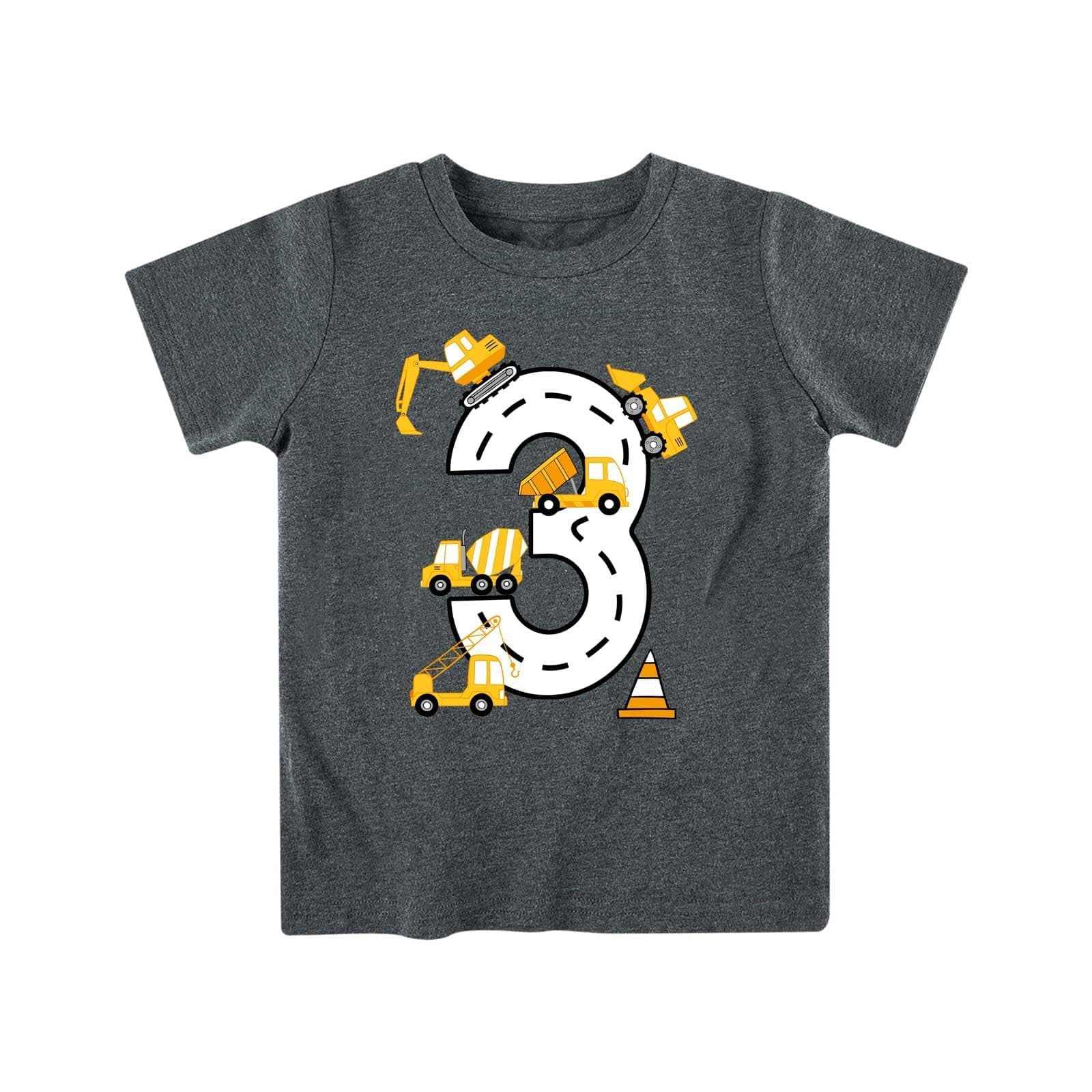 Lovekider 2-5 Years Birthday Boy Shirt Construction Party T-Shirts Excavator Cotton Short Sleeve Tee Dark Grey