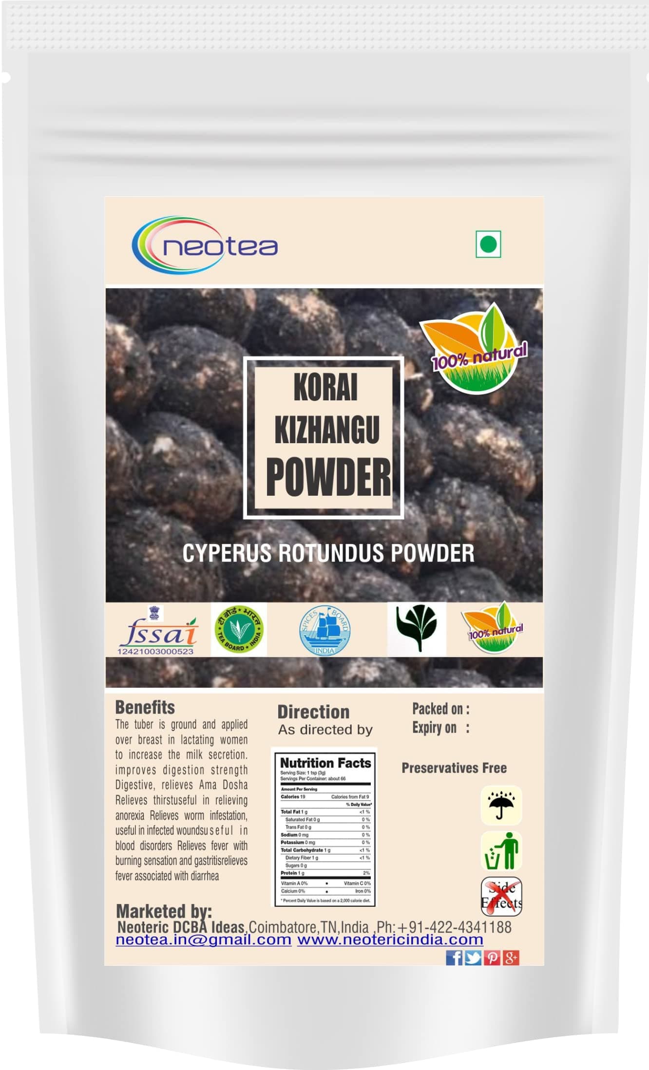Neotea Korai Kizhangu Powder | Cyperus Rotundus powder | 500gm pack of 1 | Nut Grass | Coco Grass | Nagarmotha