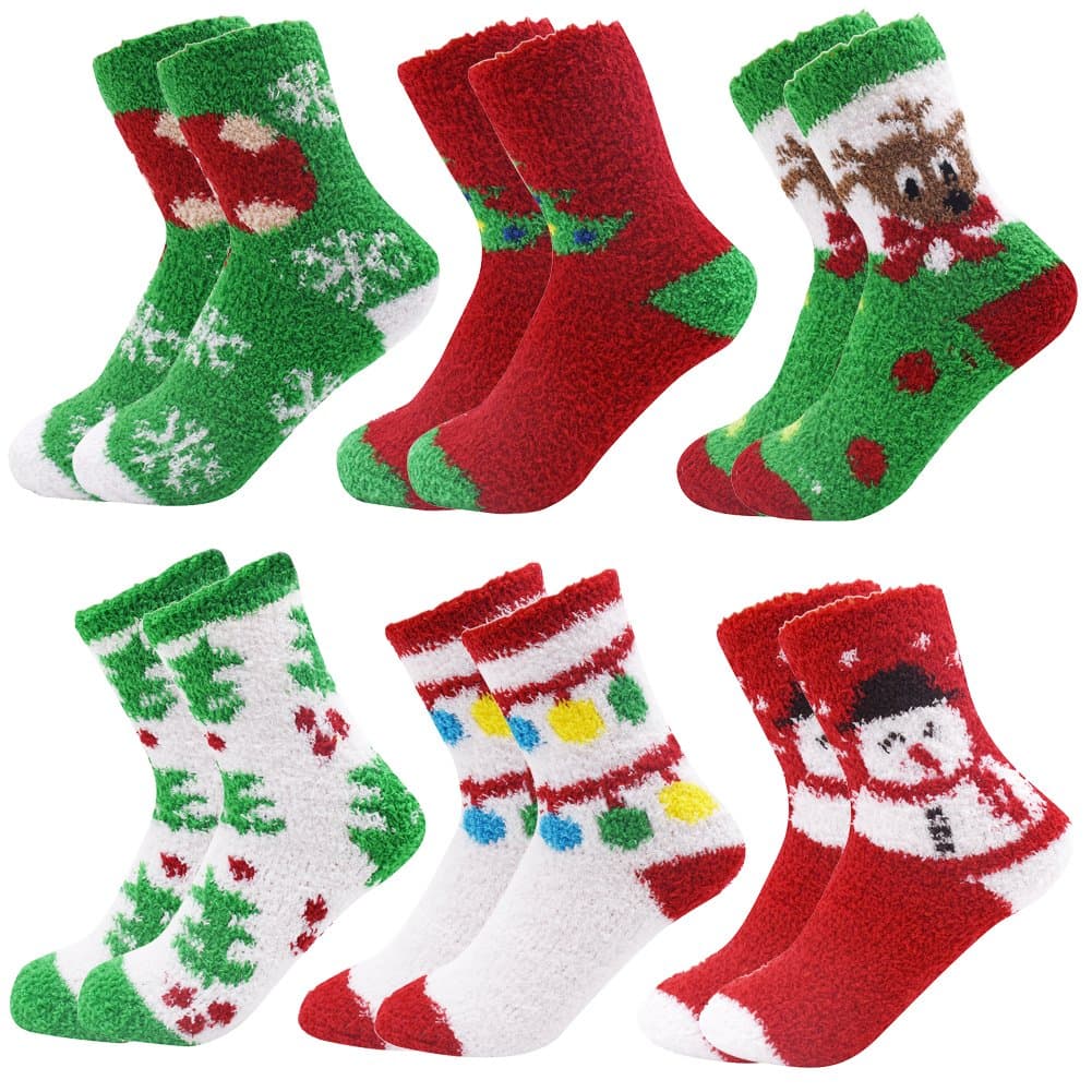 6 Pairs Adult Christmas Holiday Socks - Warm, Cozy Fuzzy Socks With Plus Size And Anti-Slip Bottom
