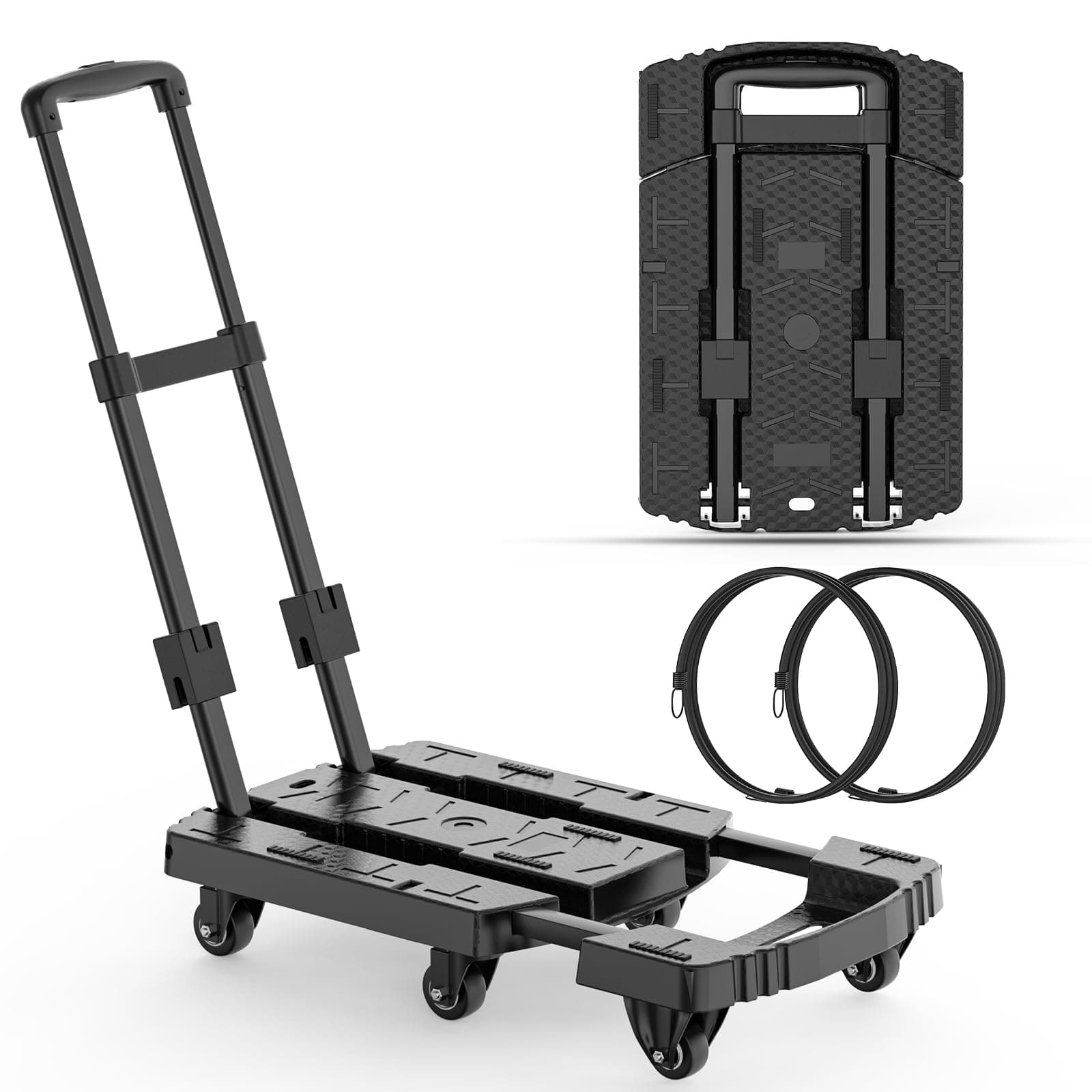 Folding Hand Truck, Pre-Installed 600lbs Heavy Duty Dolly Cart, Portable 6 Wheels Collapsible Luggage Cart with 2 Elastic Ropes for Luggage, Travel, Moving, Shopping, Office Use
