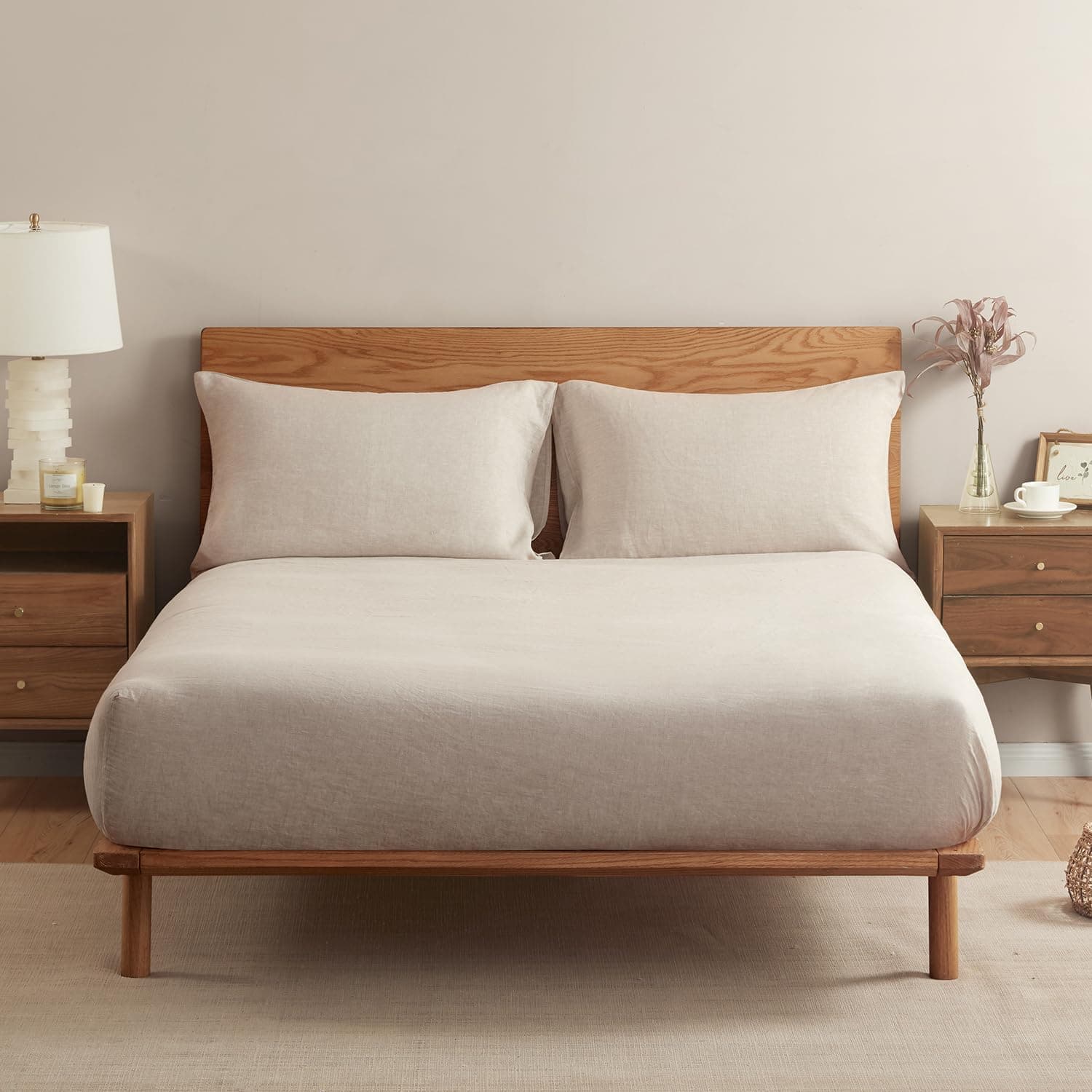 100% French Linen Fitted Sheet Mattress Cover (1 Piece) with 16 Inch Deep Pocket, Pure Natural French Flax from Normandy, Ultra Soft, Breathable and Durable (Natural Linen, Queen).