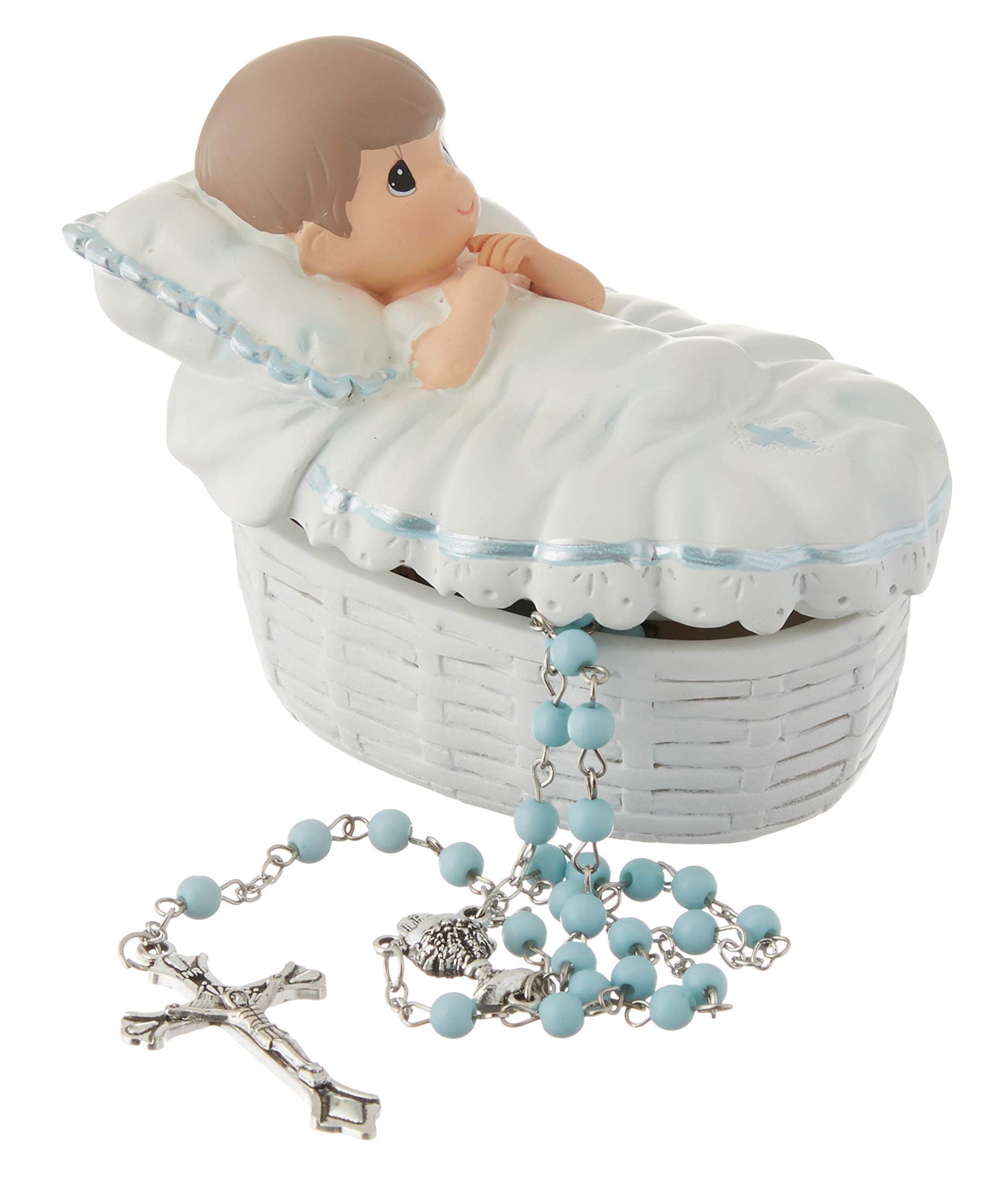 Precious Moments Baptism Gift, Boy's Resin Rosary Box with Hand-Painted Details, Perfect Keepsake, 153409