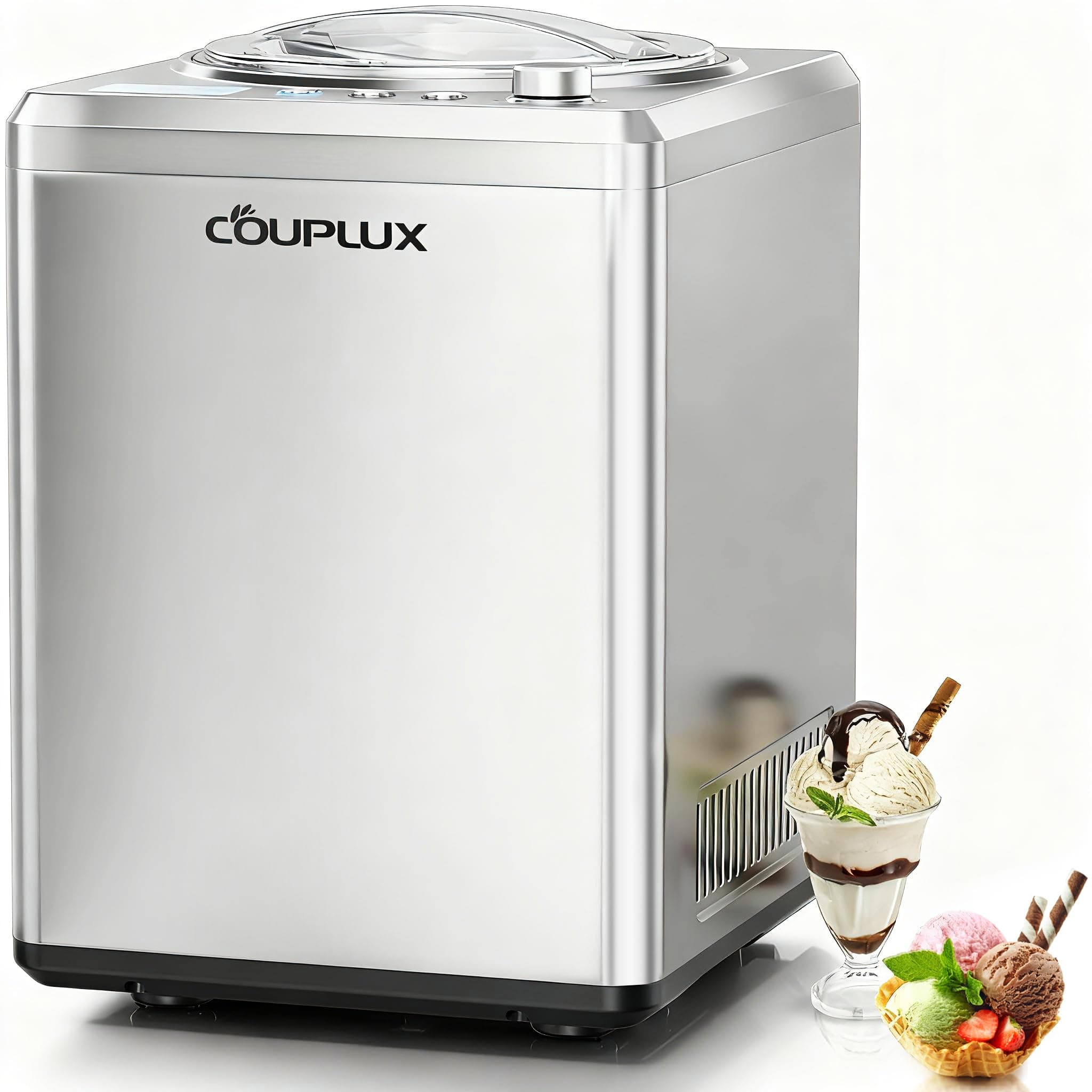 COUPLUX 2.64 Qt Ice Cream Maker, Upgraded Fastest 250W Compressor Fully Automatic Ice Cream Machine with No Pre-Freezing, 2H Keep Cool, LCD Display & Timer, All Stainless Steel
