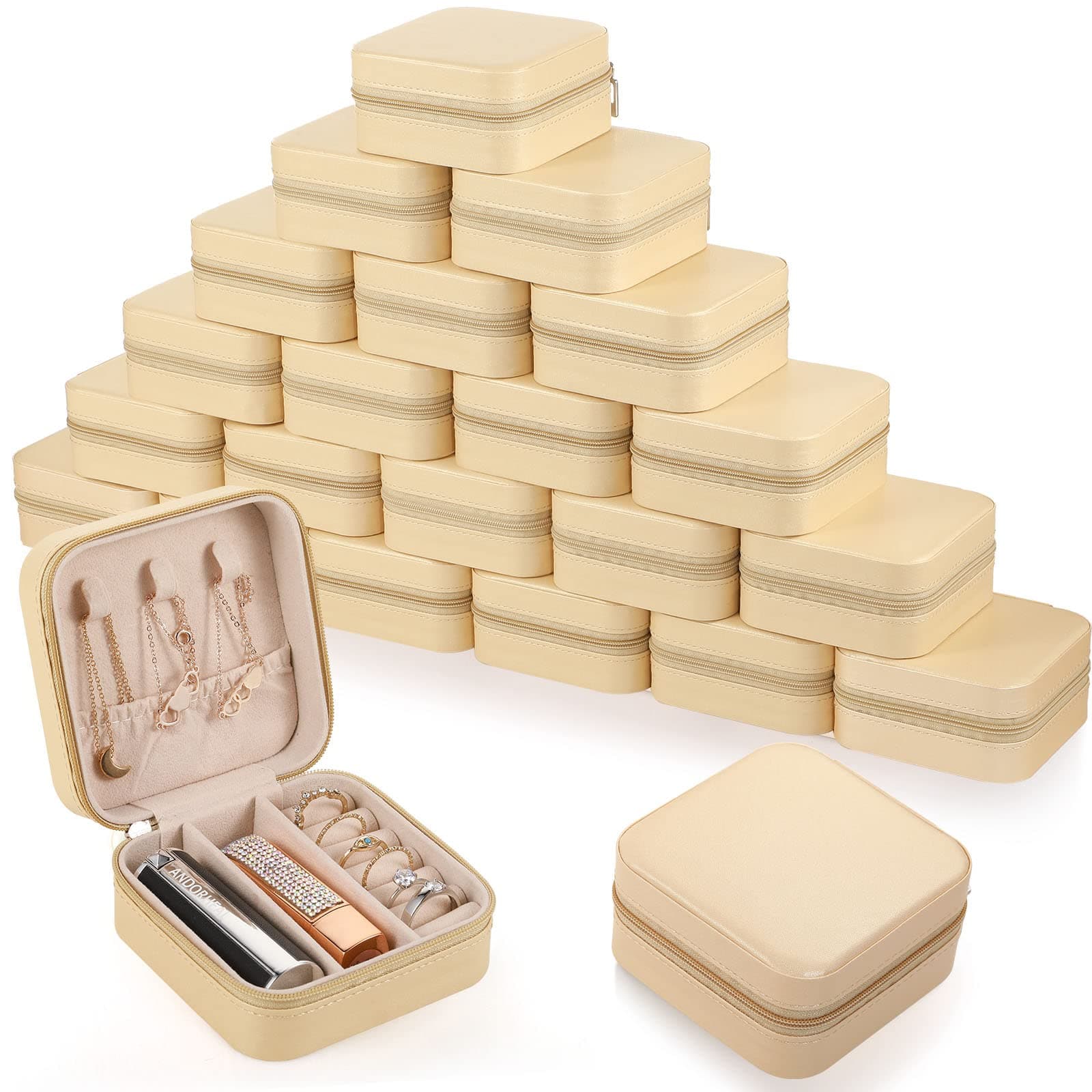 CanlierrCanlierr Small Travel Jewelry PU Leather Boxes Bulk for Women Girls, Bridesmaid Gift Boxes Portable Jewelry Organizer for Rings (Gold, 24 Pcs)