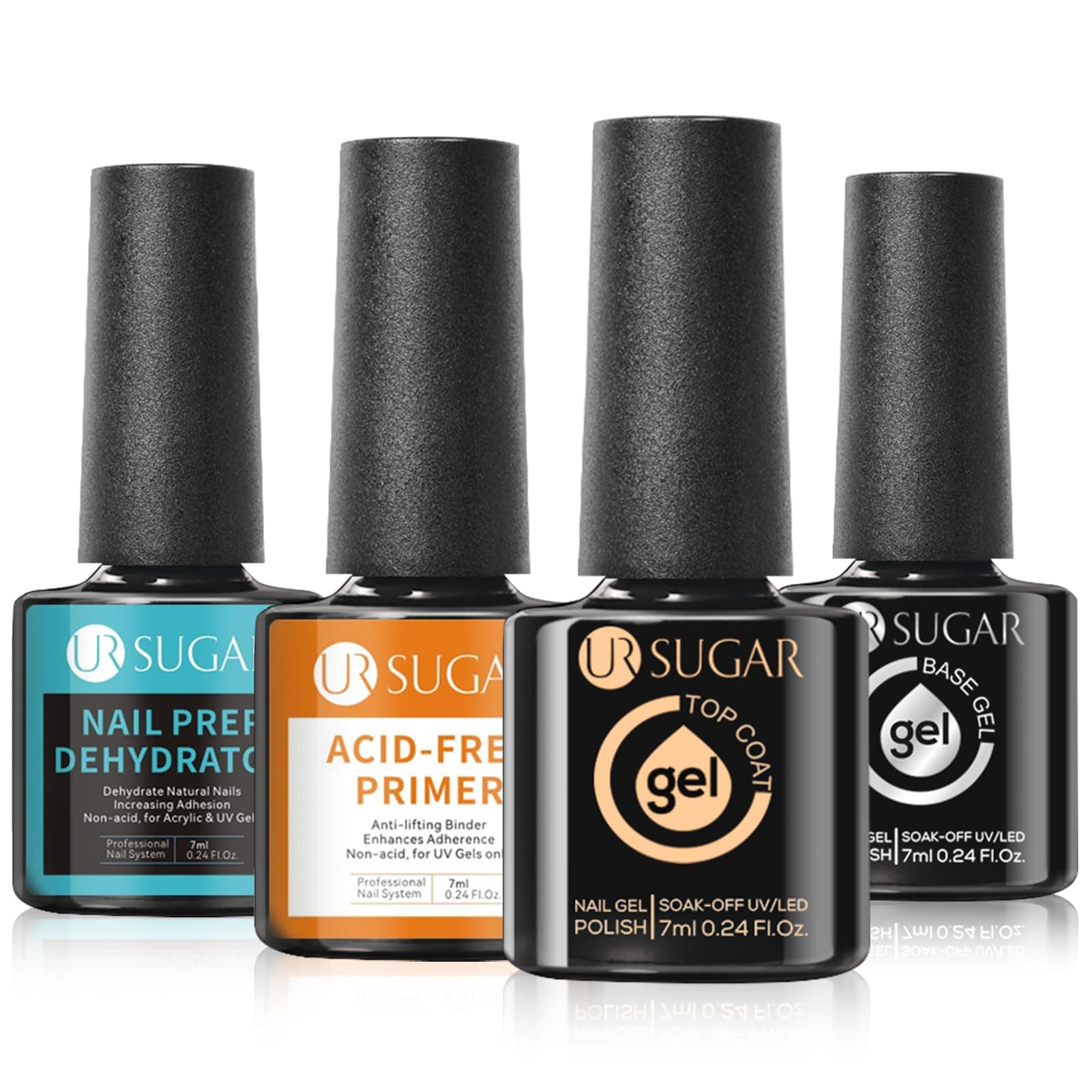 UR SUGAR 4 Pcs Nail Dehydrator Nail-Primer Base and Top Coat, Acid Free Natural Nail Prep Dehydrate & Bond Nail-Primer Kit, Glossy Surface Quick Drying Long Lasting and Easy to Apply