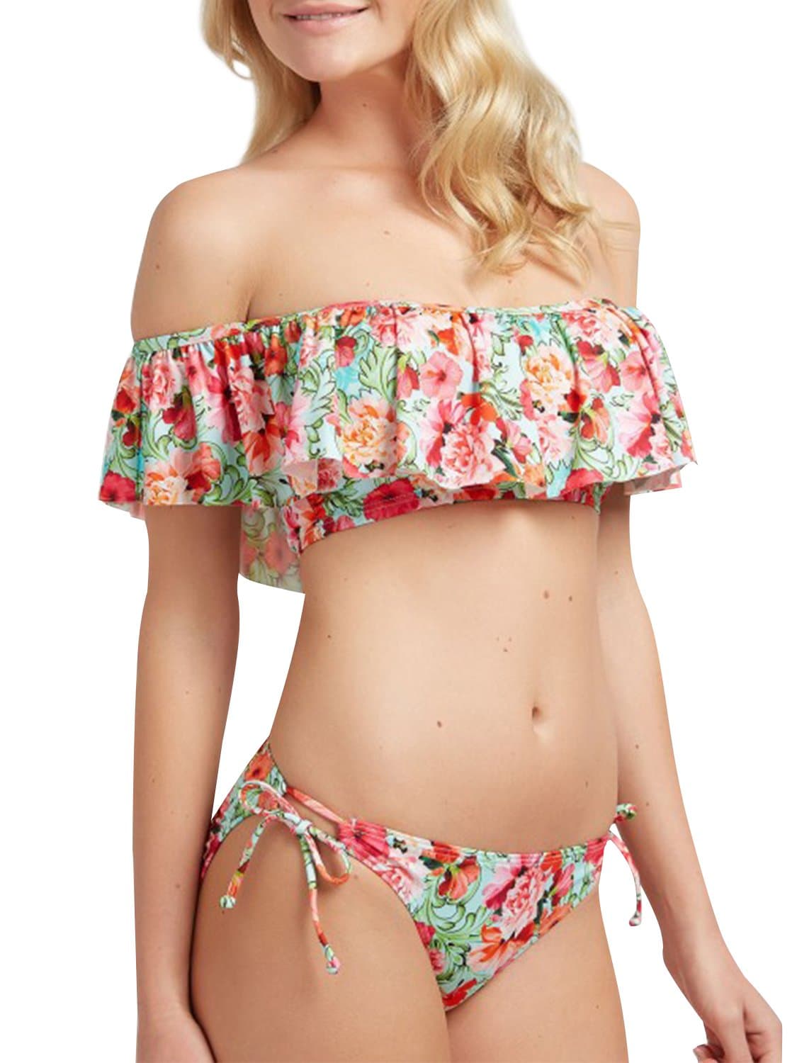 Bikinx Women's Off Shoulder Floral Print Bikini Set Ruffle Tie Side Swimsuits